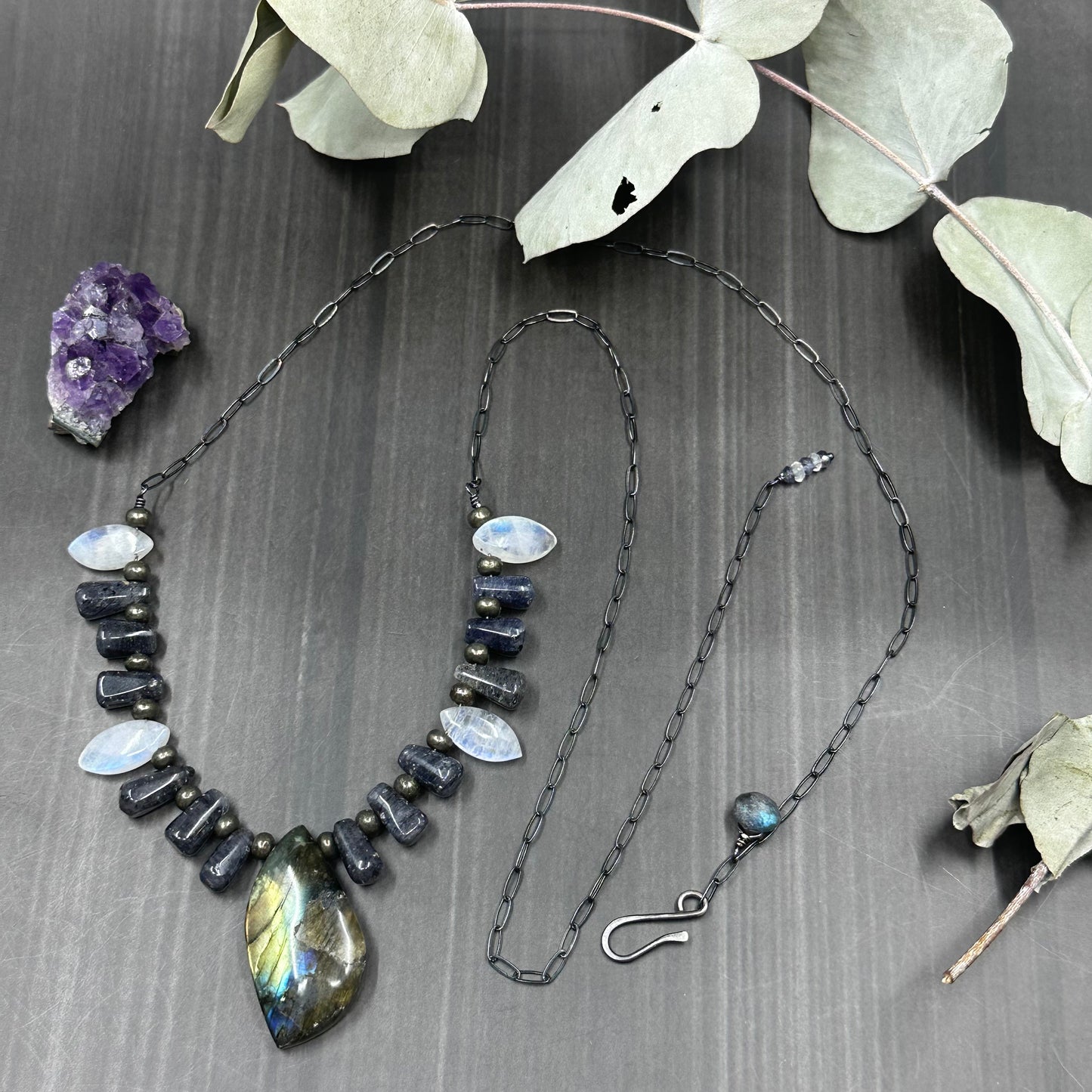 Rainbow moonstone, labradorite, iolite, pyrite, and sterling silver necklace