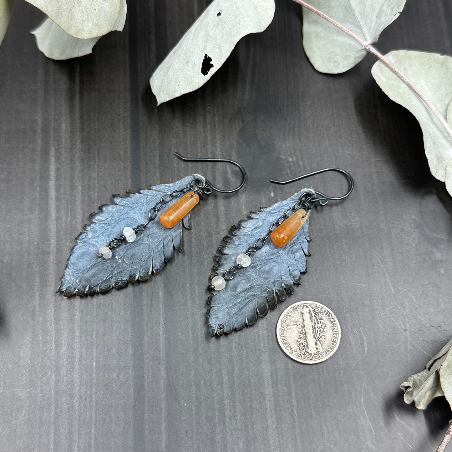 Aventurine, Rainbow Moonstone, Leather Feathers and sterling silver earrings