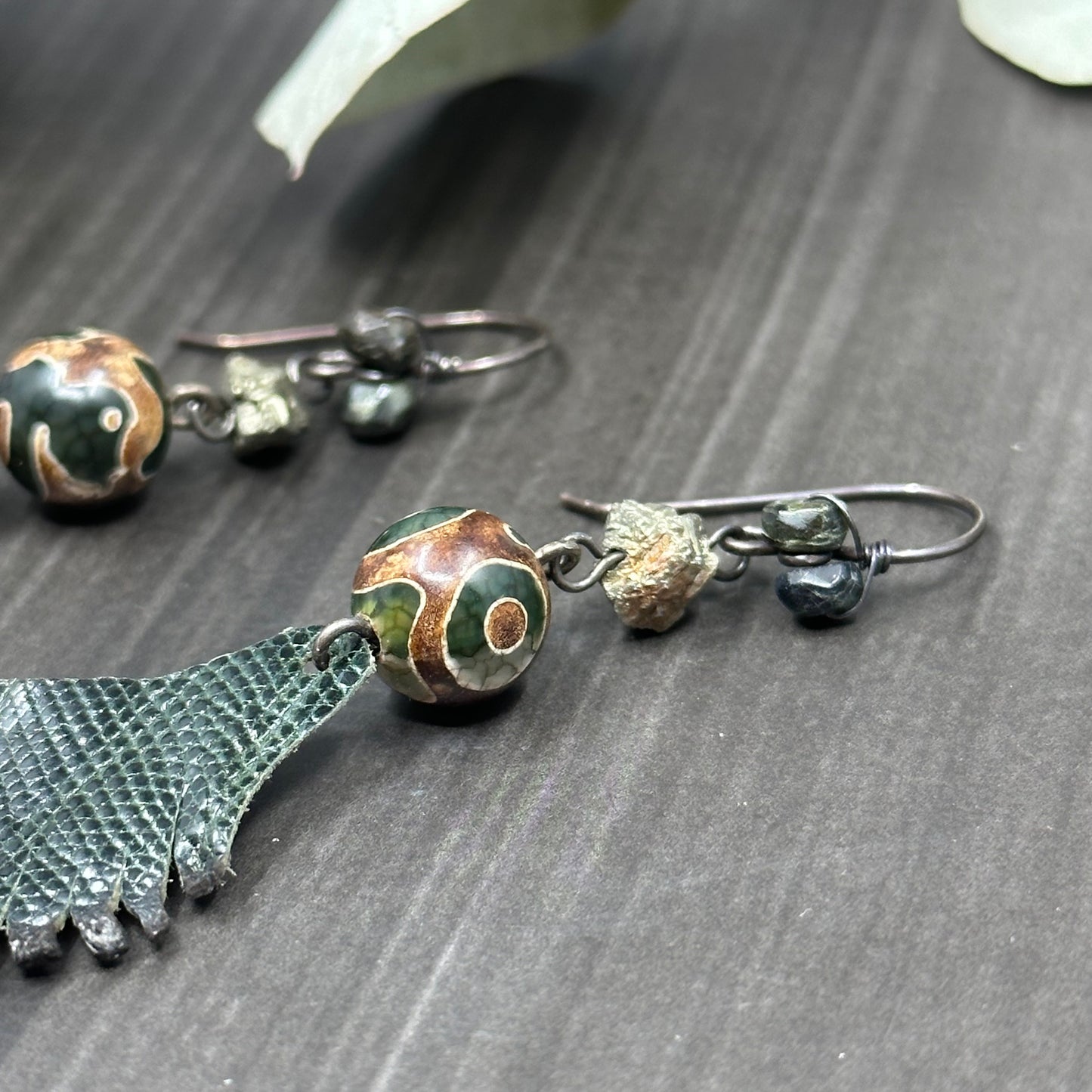 Dark Green Mystical Leather Feather Earrings