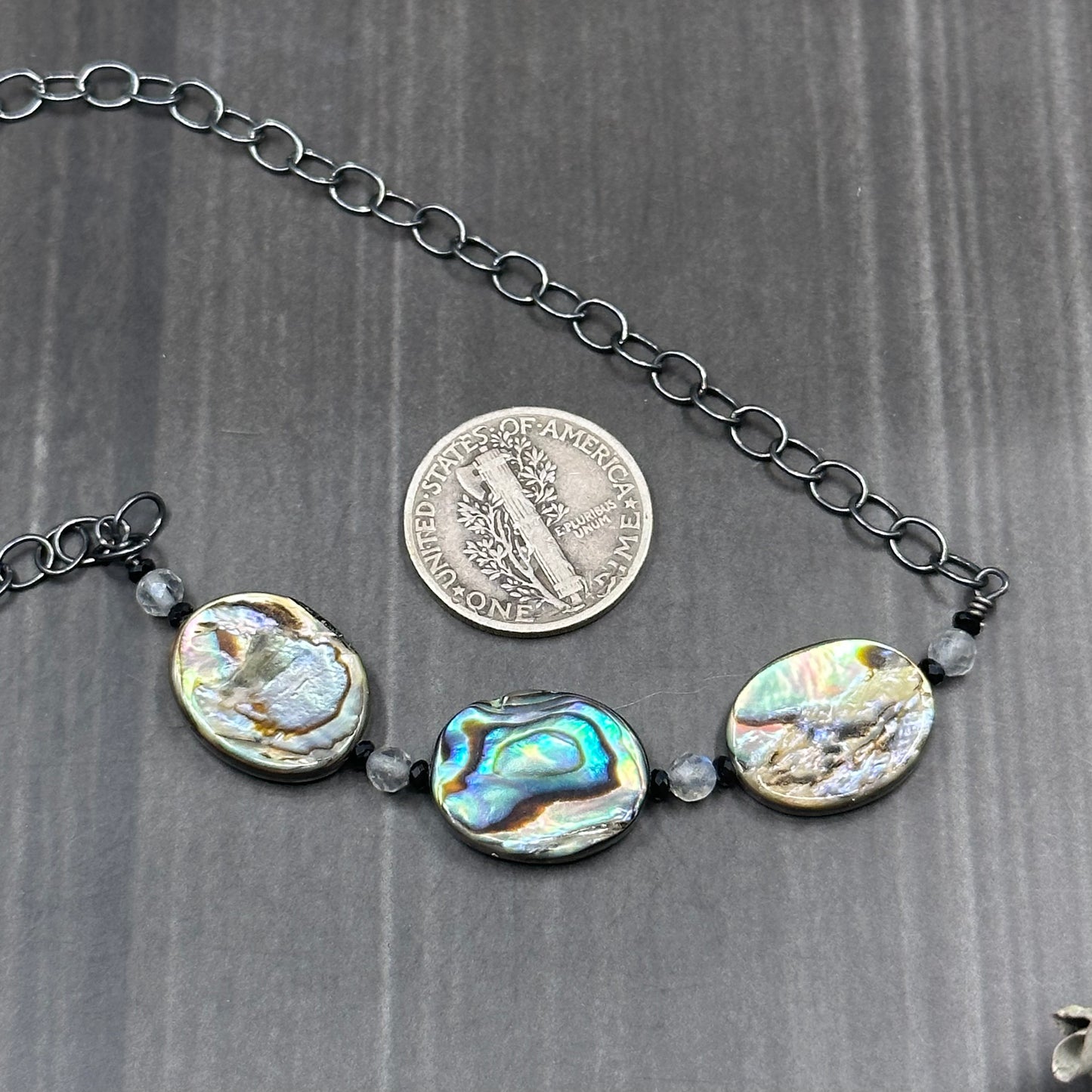 Abalone, Black Spinel, and Labradorite Sterling silver necklace