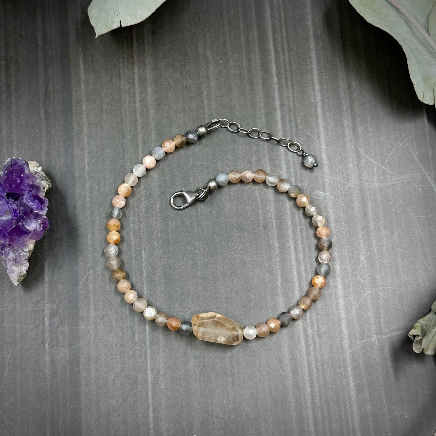 Imperial topaz and mixed moonstone sterling silver bracelet