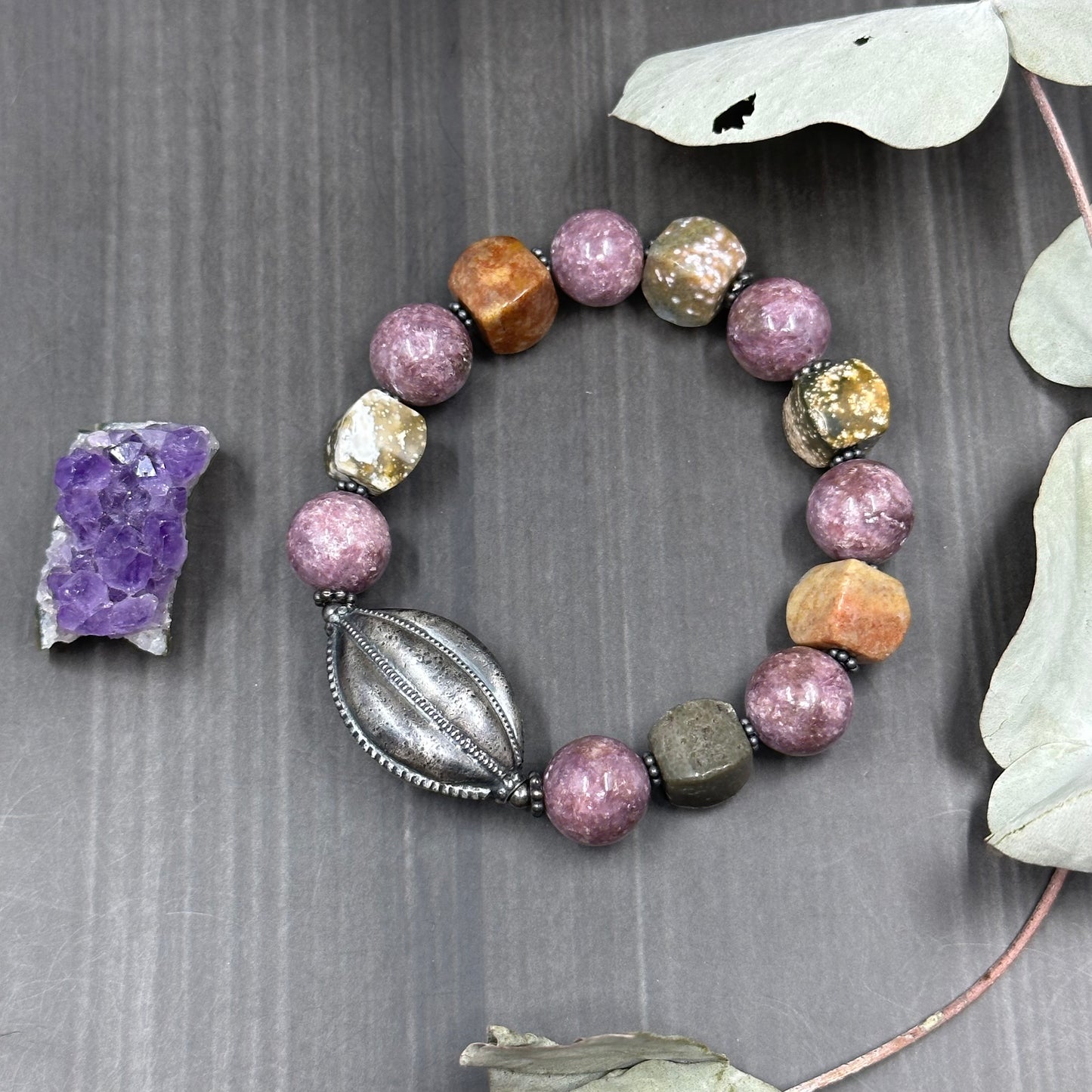 Ocean Jasper, Lepidolite, and sterling silver 6.5" stretch bracelet