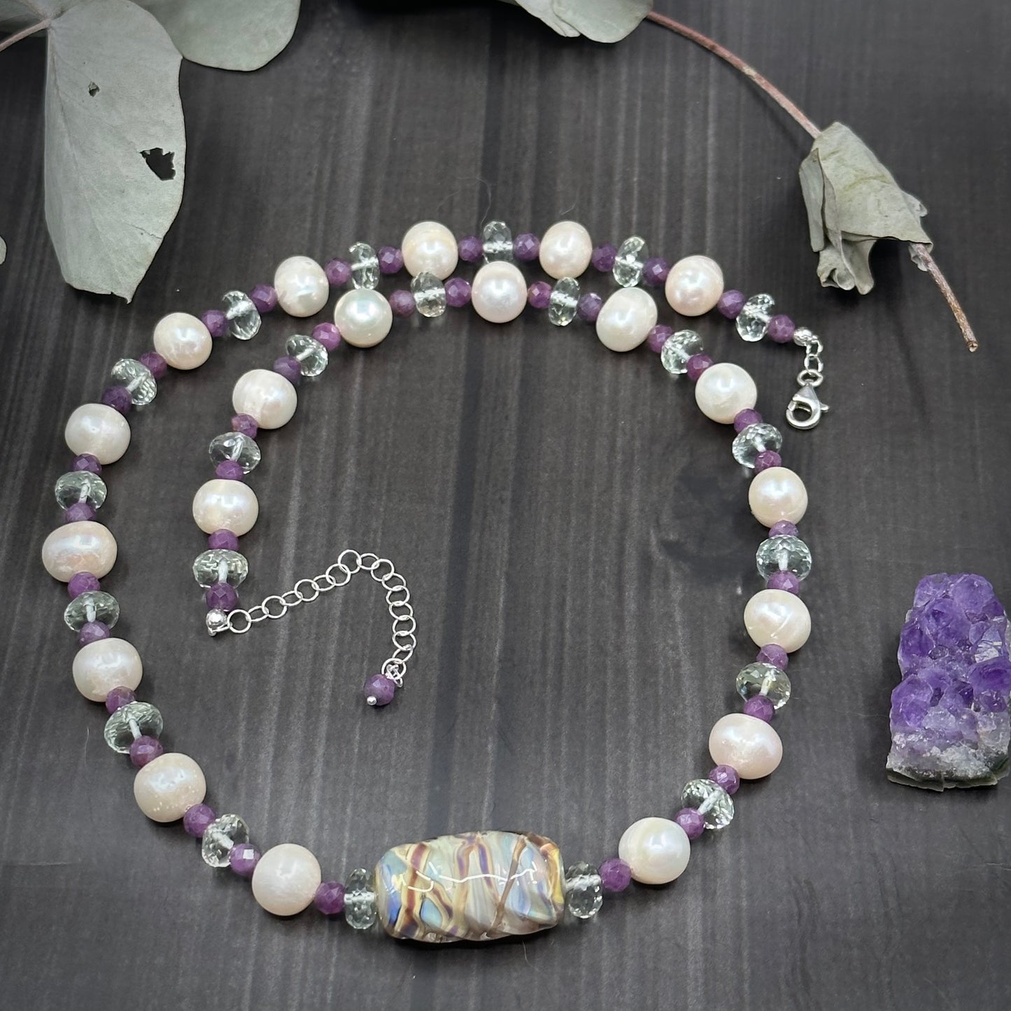 Sterling Silver, Prasiolite, Ruby, Pearl, and Lampwork Necklace