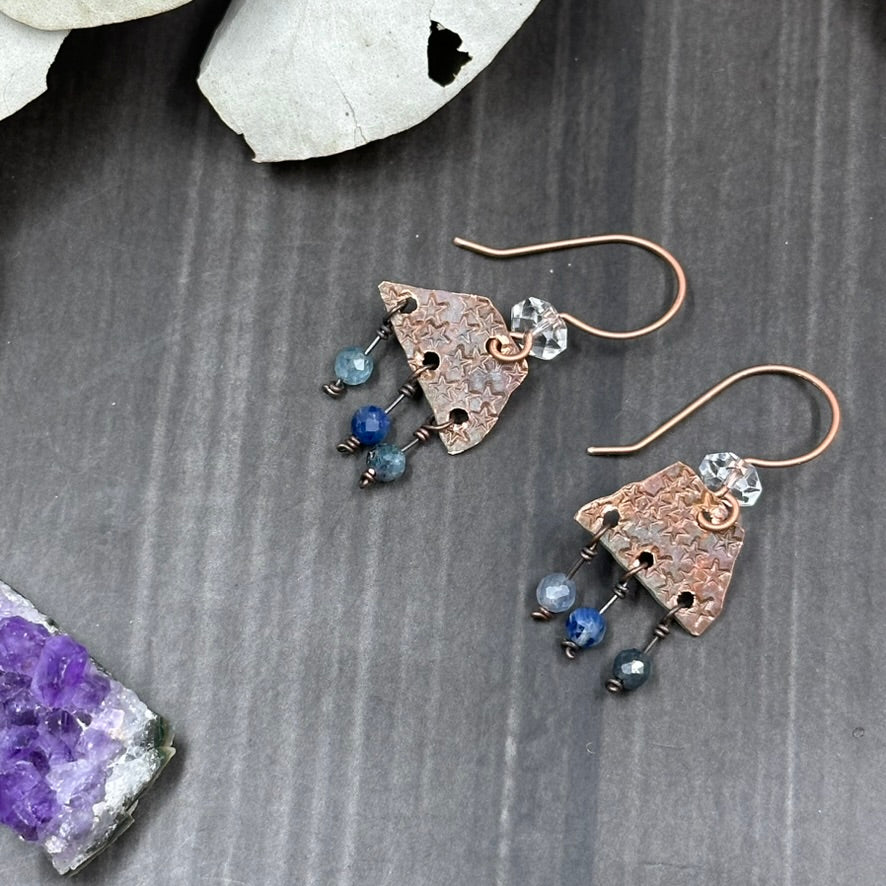 Copper Rustic Star Lightweight Earrings with Blue Kyanite
