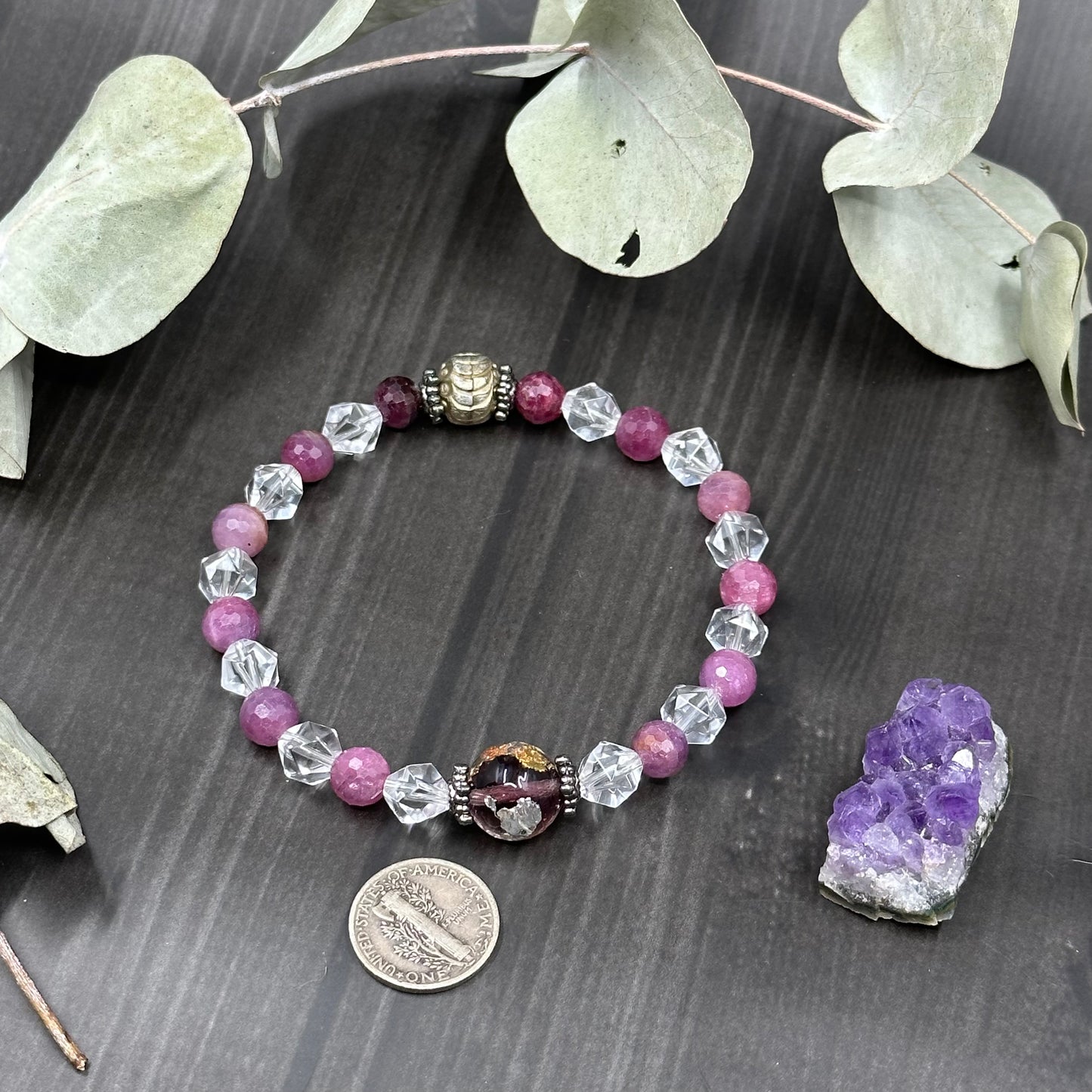 7.5" Ruby, Quartz, Gold Vermil, Sterling Silver, and Venitian Glass Bracelet