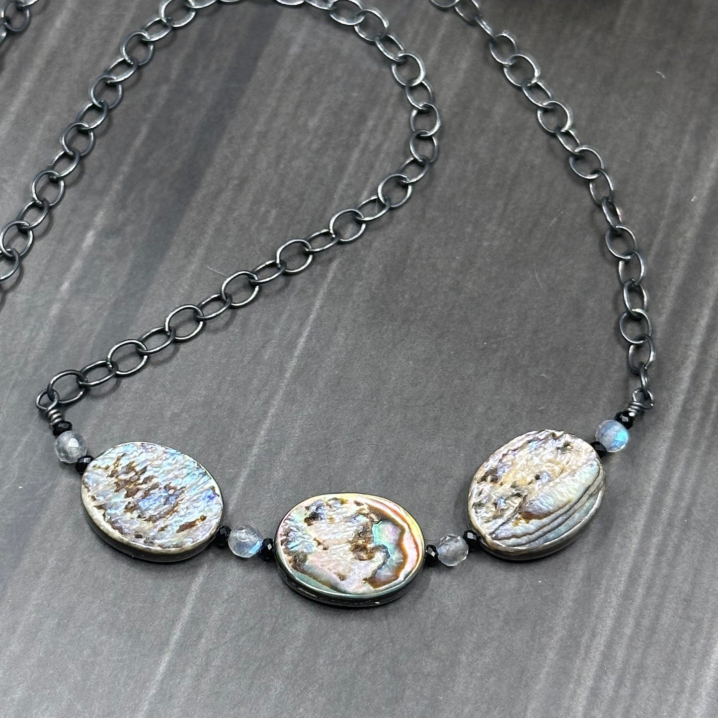 Abalone, Black Spinel, and Labradorite Sterling silver necklace