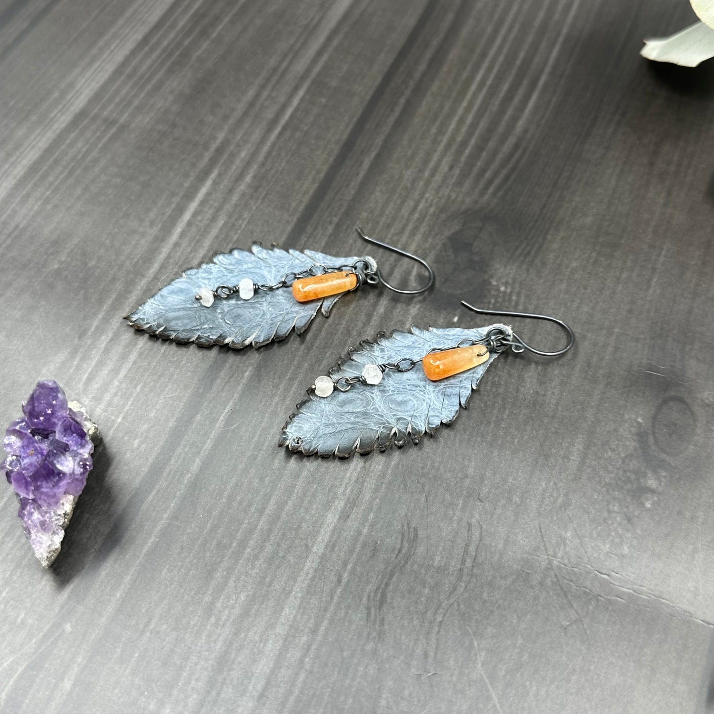 Aventurine, Rainbow Moonstone, Leather Feathers and sterling silver earrings