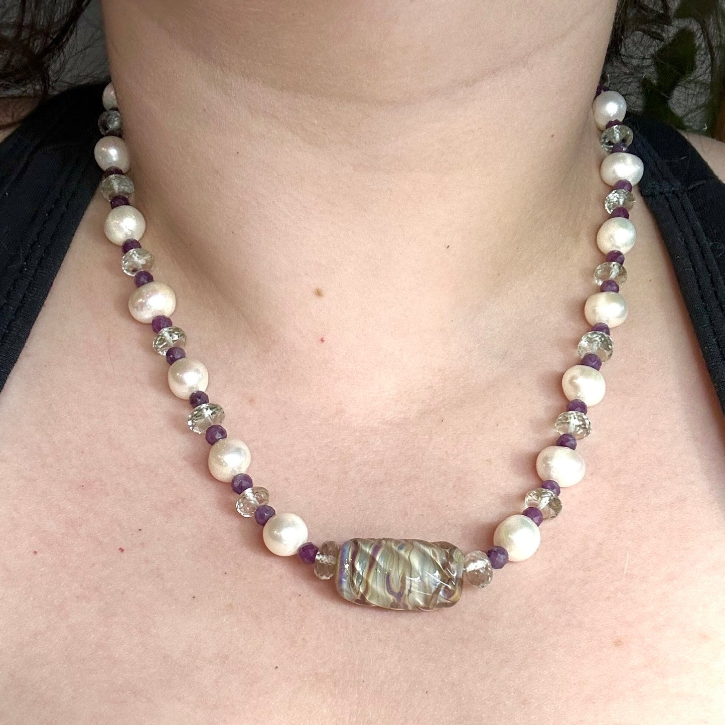 Sterling Silver, Prasiolite, Ruby, Pearl, and Lampwork Necklace
