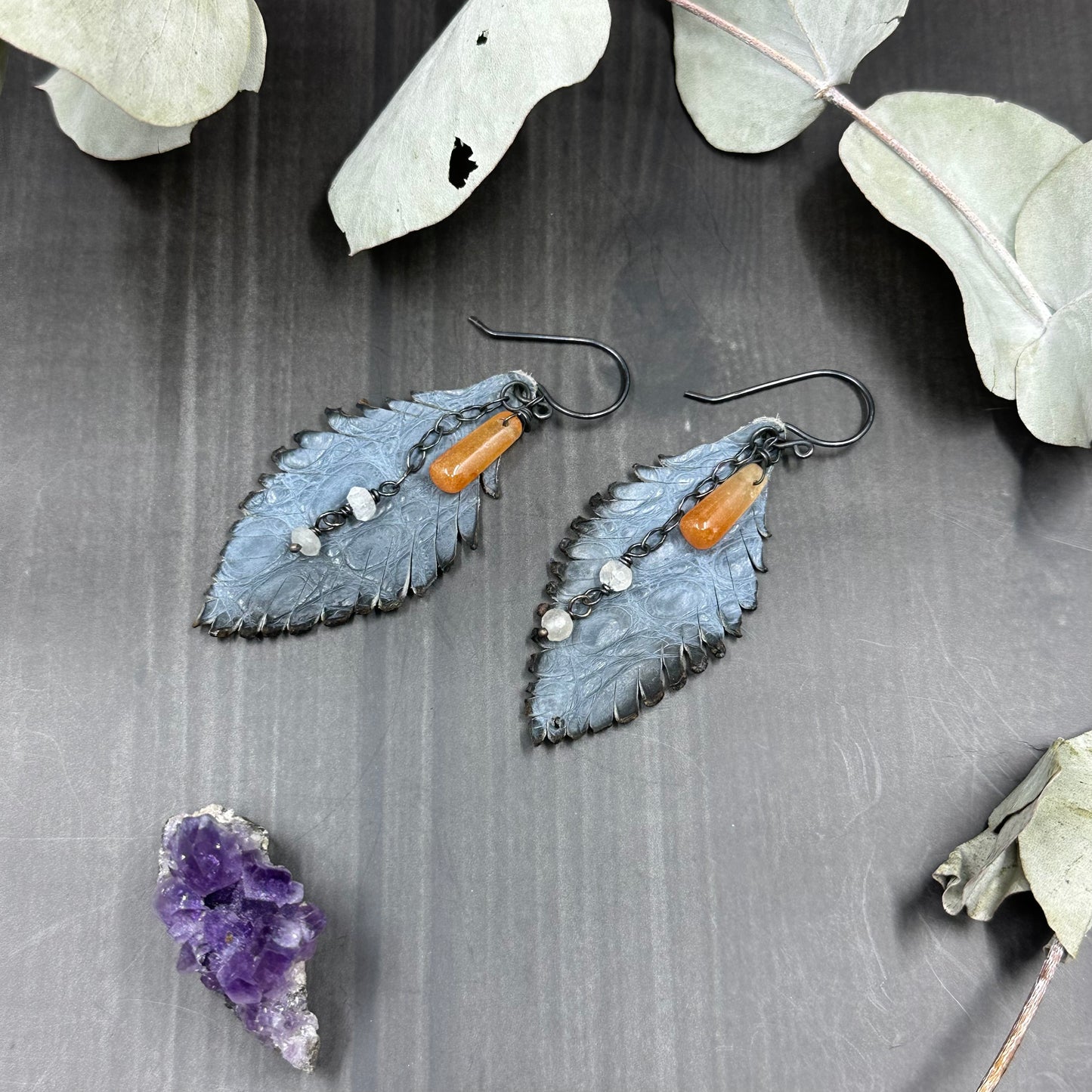 Aventurine, Rainbow Moonstone, Leather Feathers and sterling silver earrings