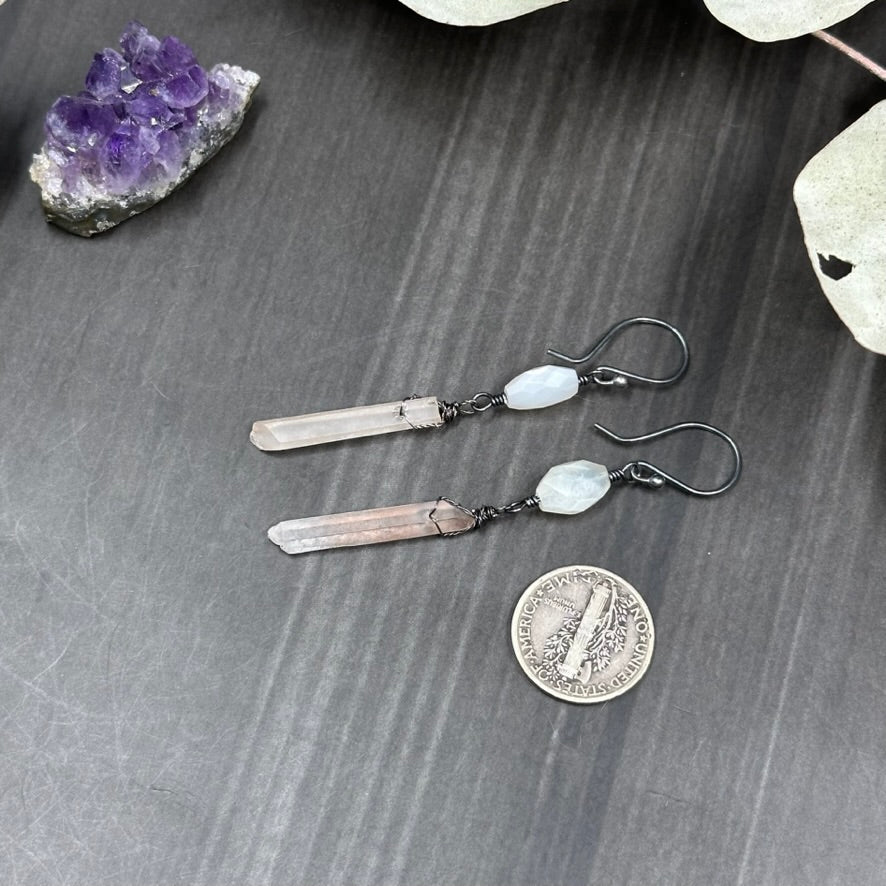Oxidized sterling silver, quartz, and moonstone earrings