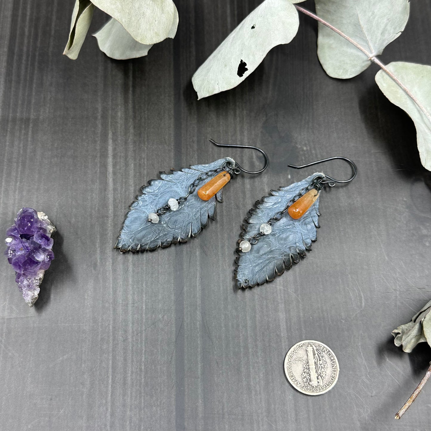 Aventurine, Rainbow Moonstone, Leather Feathers and sterling silver earrings