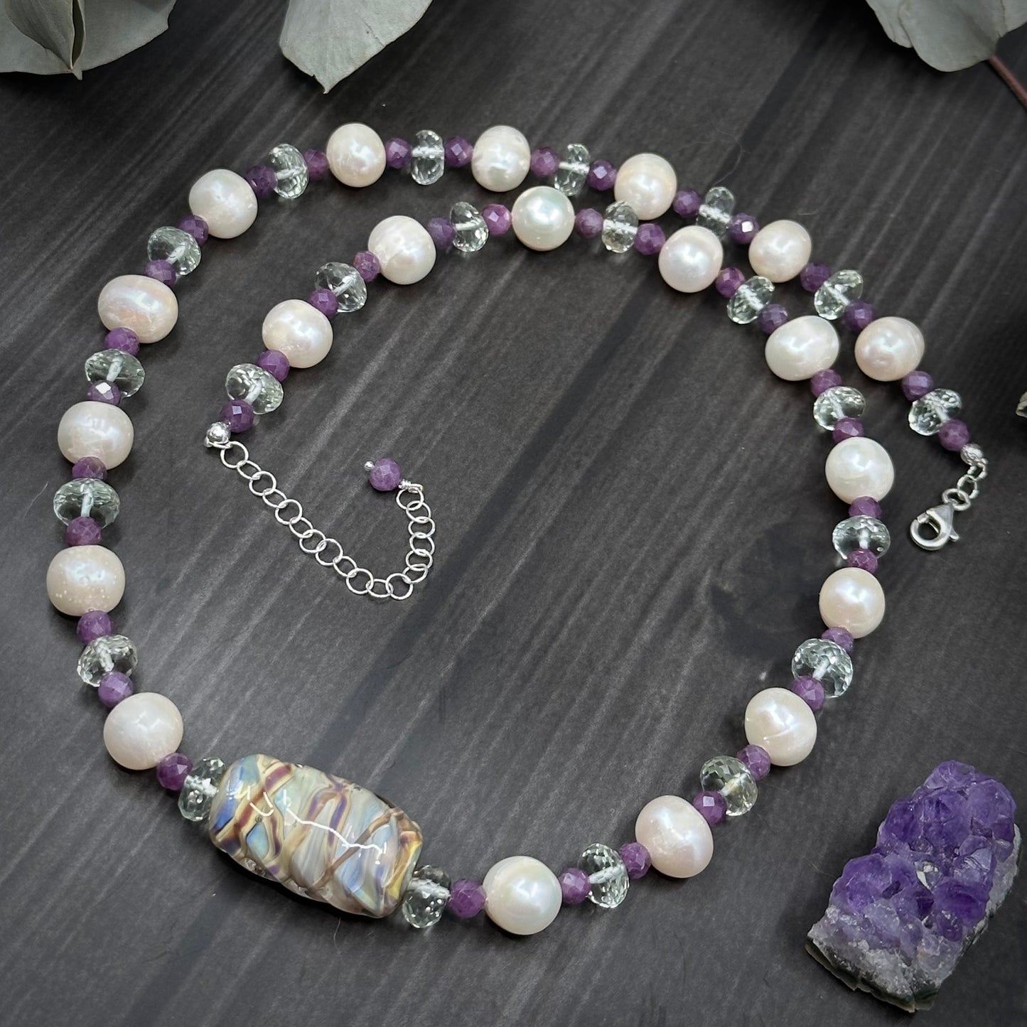 Sterling Silver, Prasiolite, Ruby, Pearl, and Lampwork Necklace