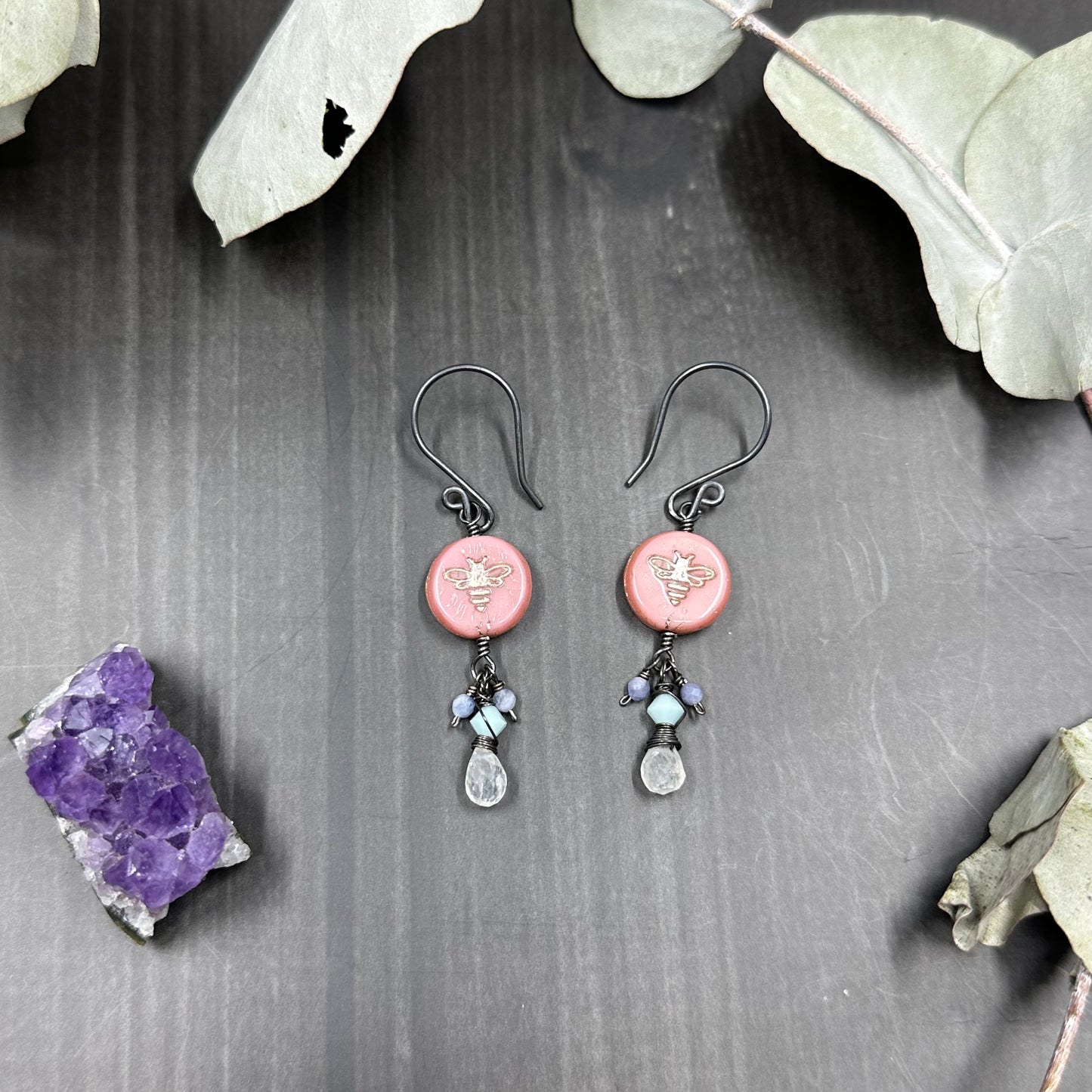 Sterling silver, crystal, rainbow moonstone, and tanzanite Bee earrings