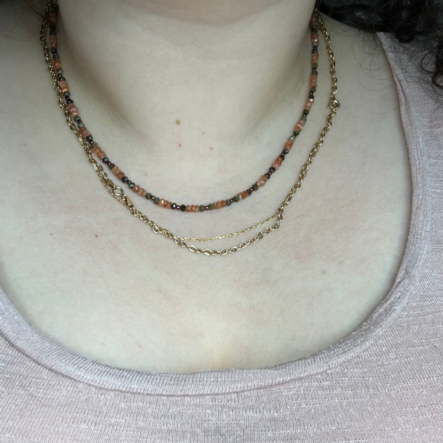 Sunstone and Green Tourmaline necklace in copper