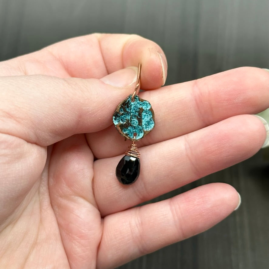 Copper blue moon earrings with black spinel
