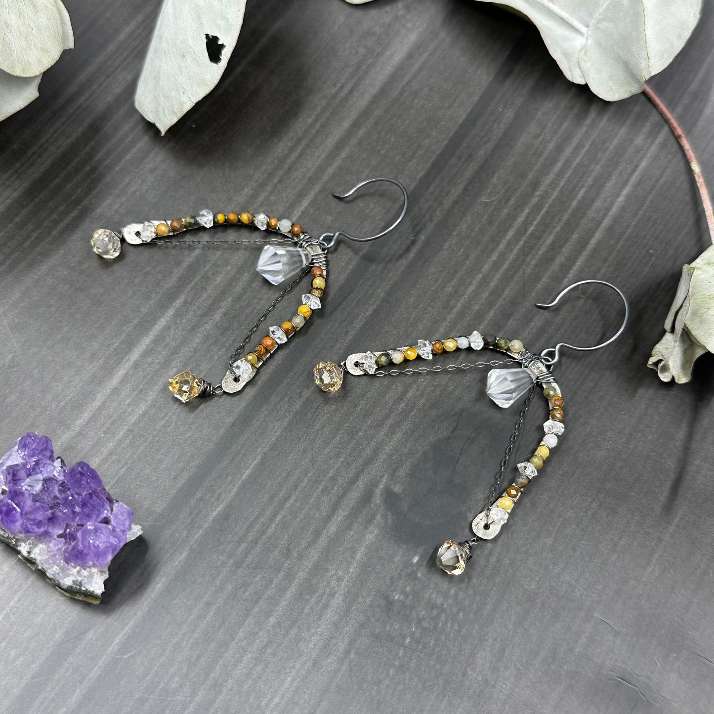 Pietersite, Herkimer Quartz and Sterling Silver Earrings