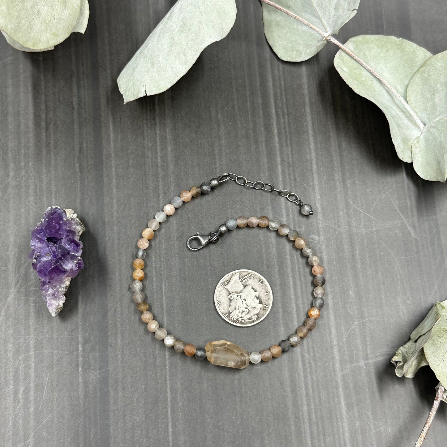 Imperial topaz and mixed moonstone sterling silver bracelet