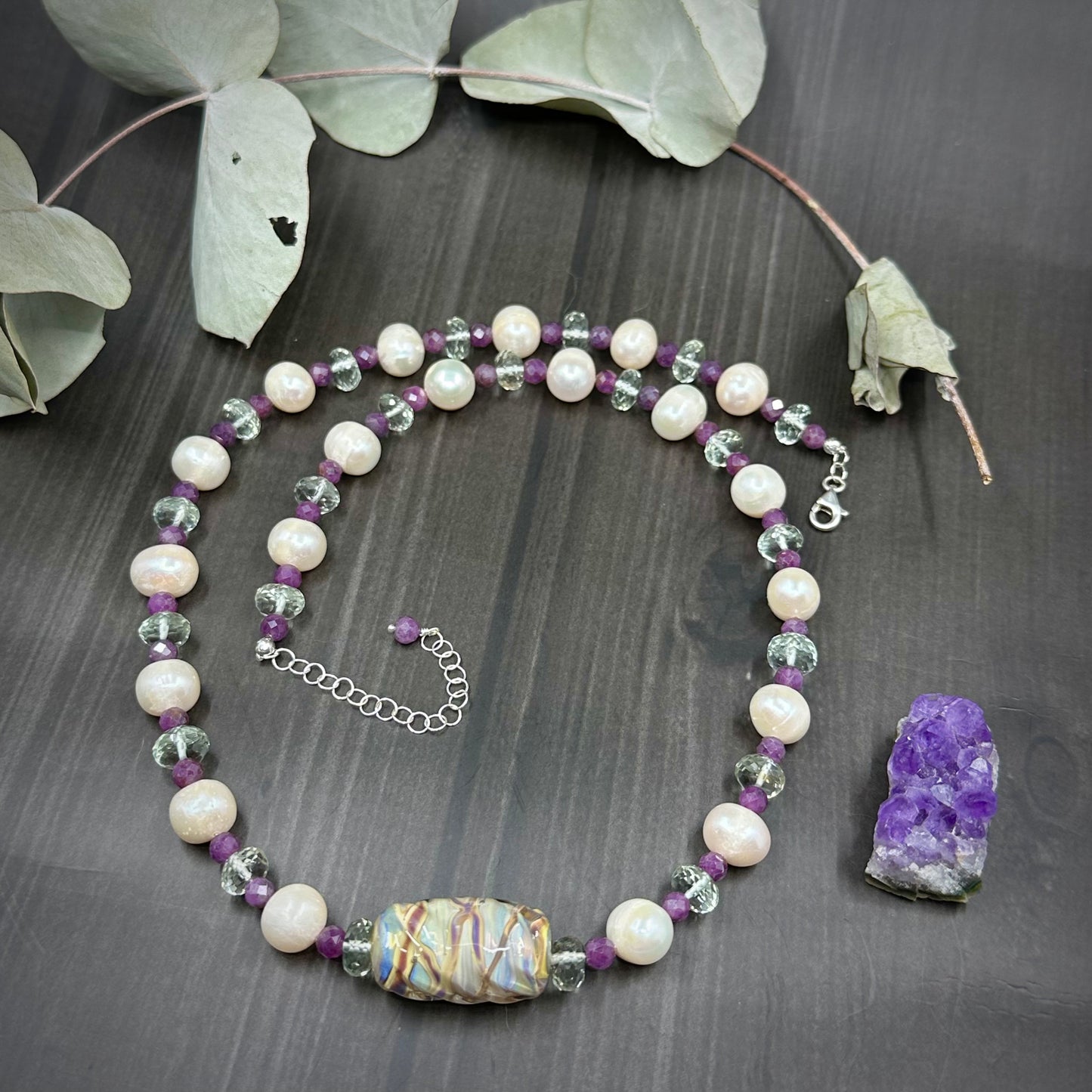 Sterling Silver, Prasiolite, Ruby, Pearl, and Lampwork Necklace