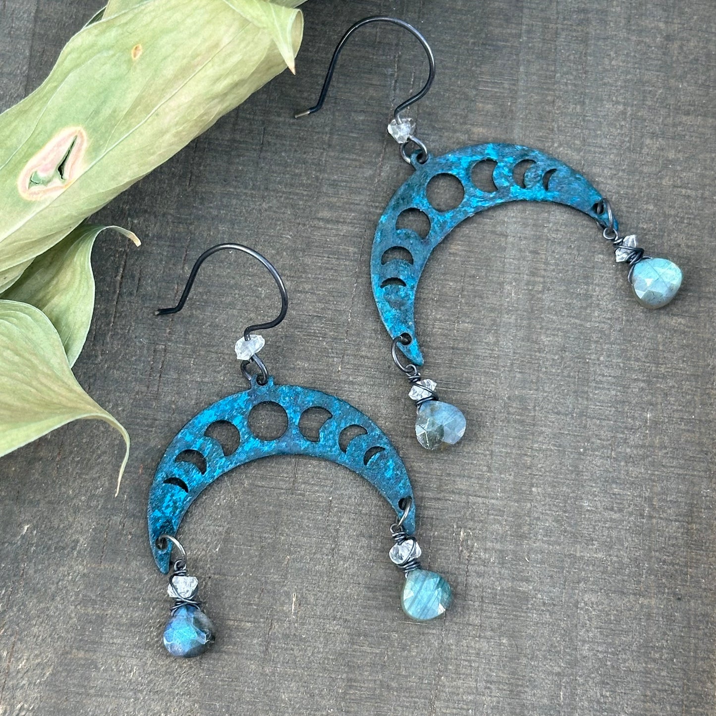 Moon phases Copper Earrings with Sterling Earwires, Labradorite, and Quartz diamonds