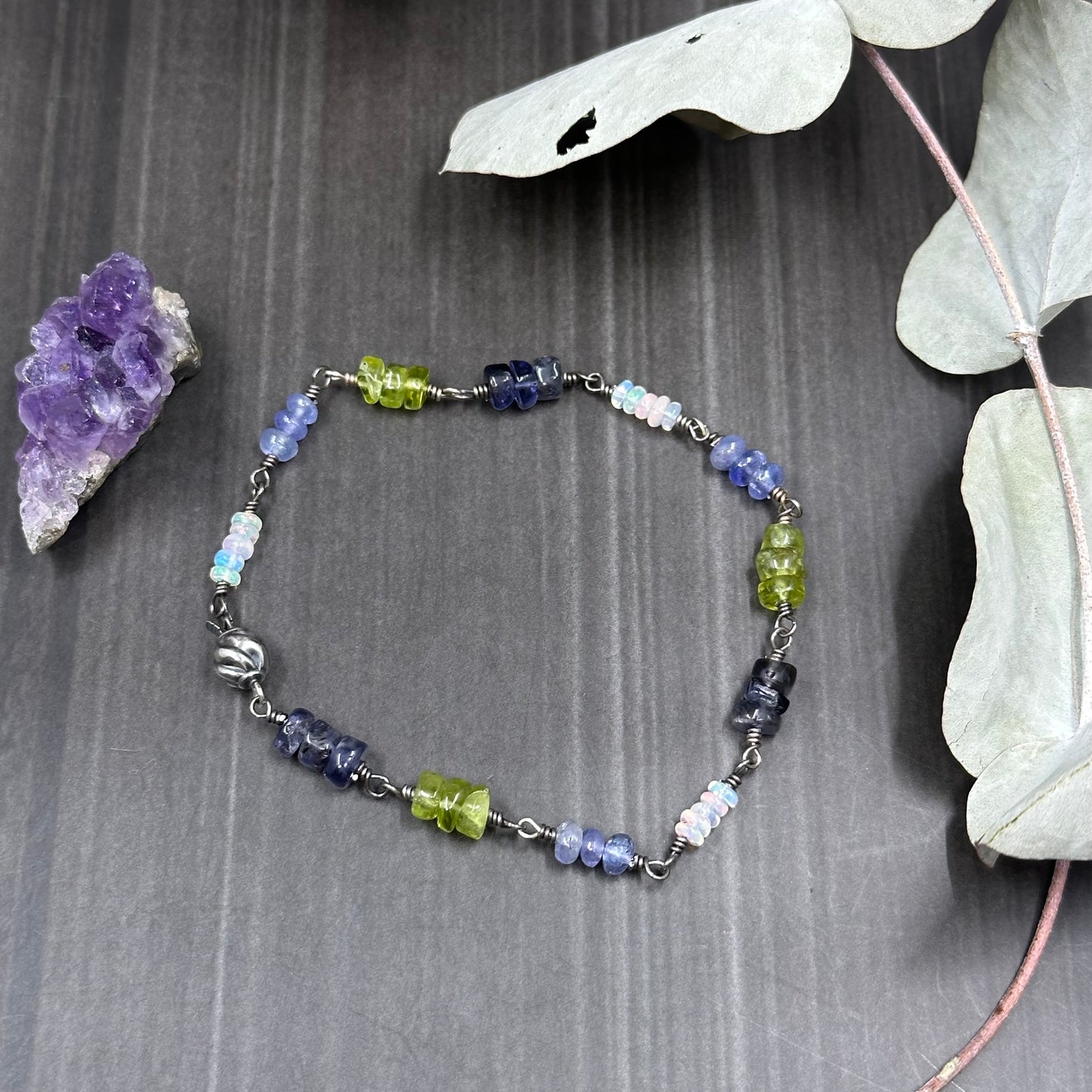 Peridot, Tanzanite, Opal, and Iolite Sterling Silver Bracelet
