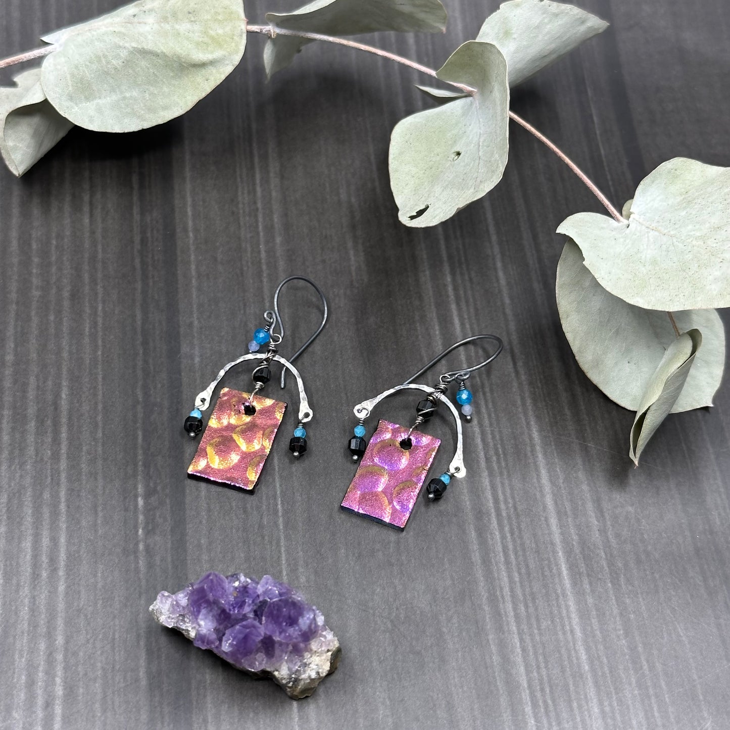 Apatite, Black Spinel, Tanzanite, Sterling Silver and Glass Earrings