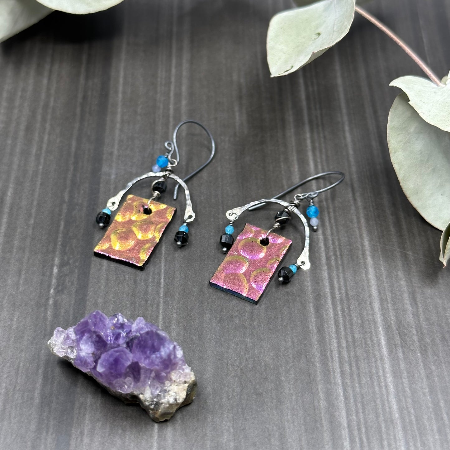 Apatite, Black Spinel, Tanzanite, Sterling Silver and Glass Earrings
