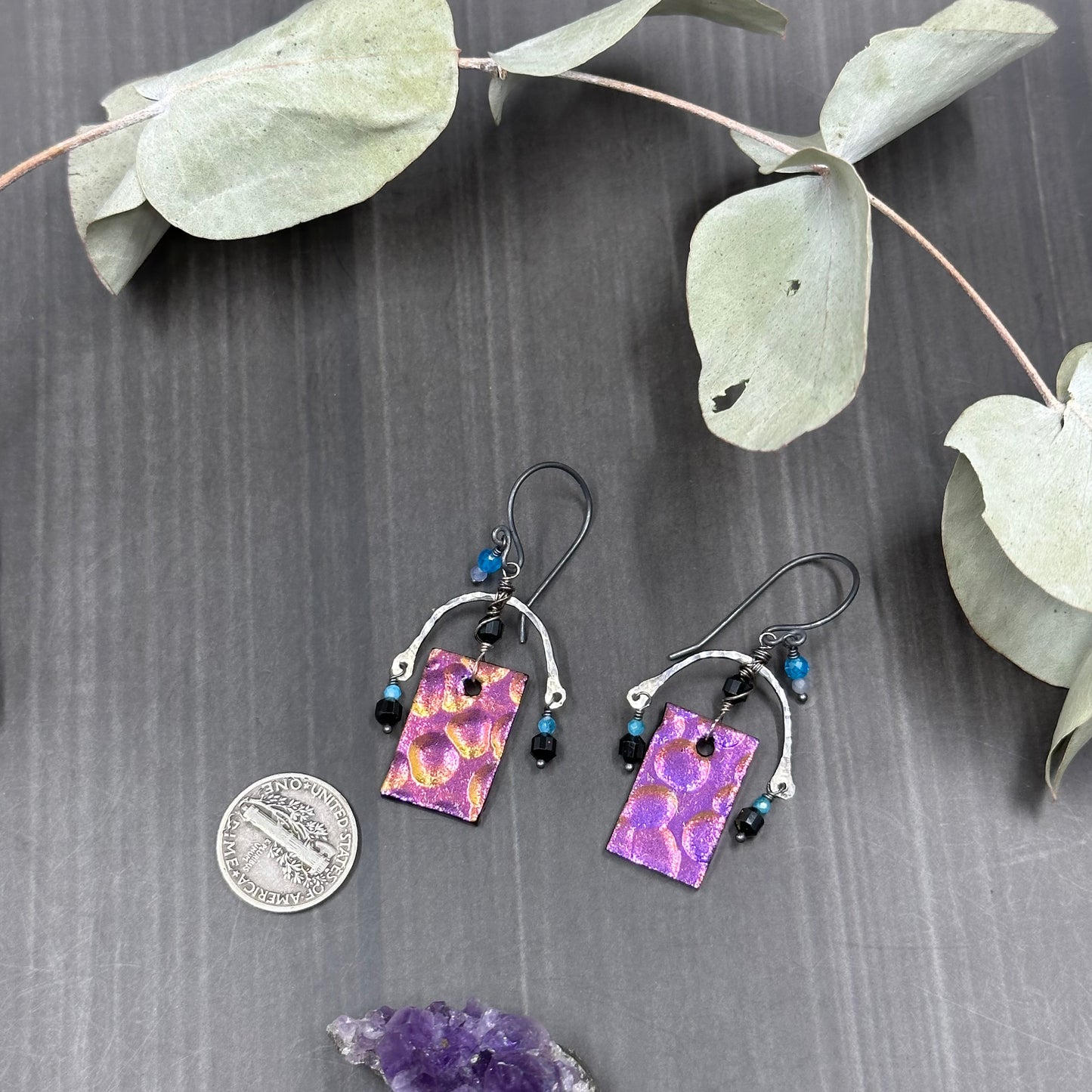 Apatite, Black Spinel, Tanzanite, Sterling Silver and Glass Earrings