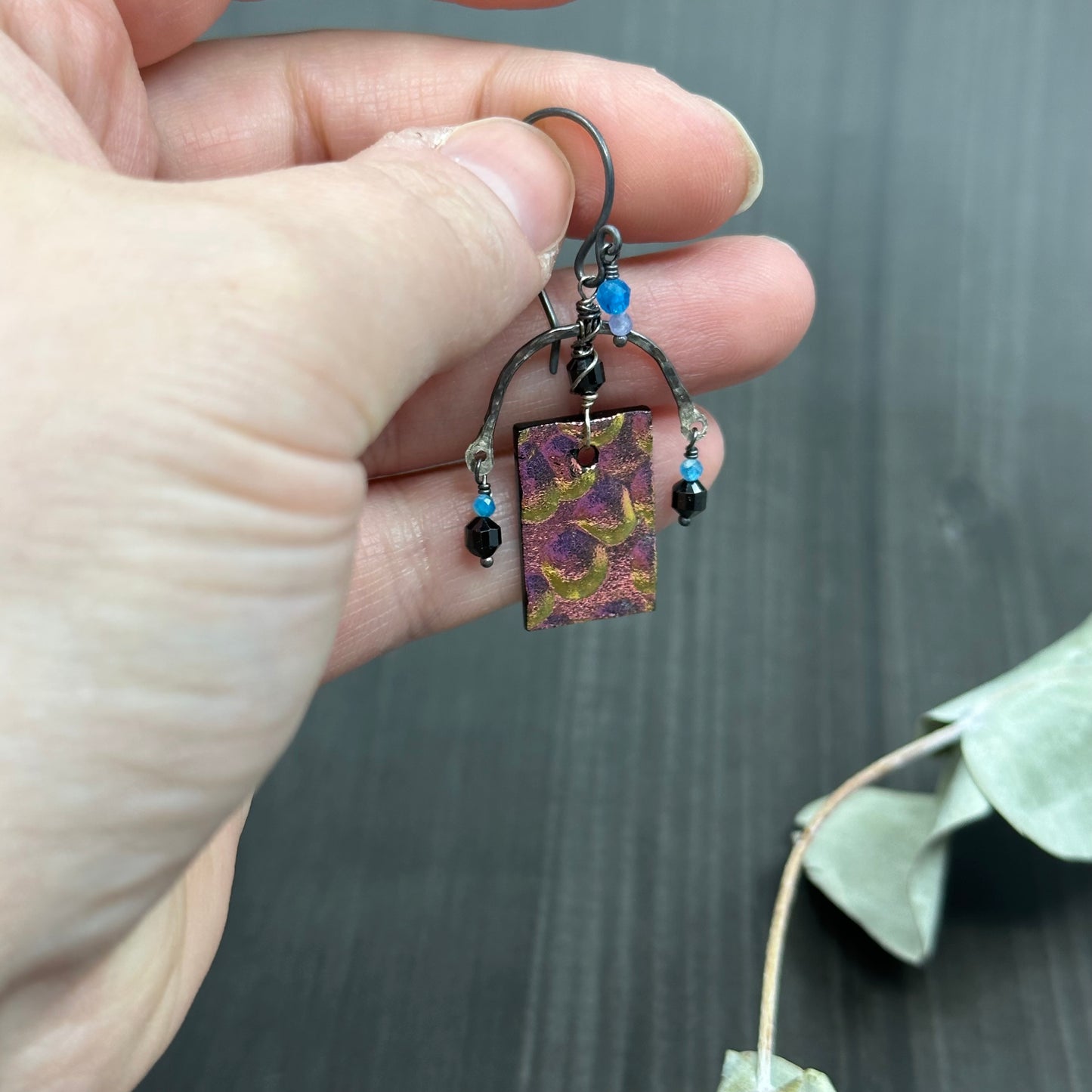 Apatite, Black Spinel, Tanzanite, Sterling Silver and Glass Earrings