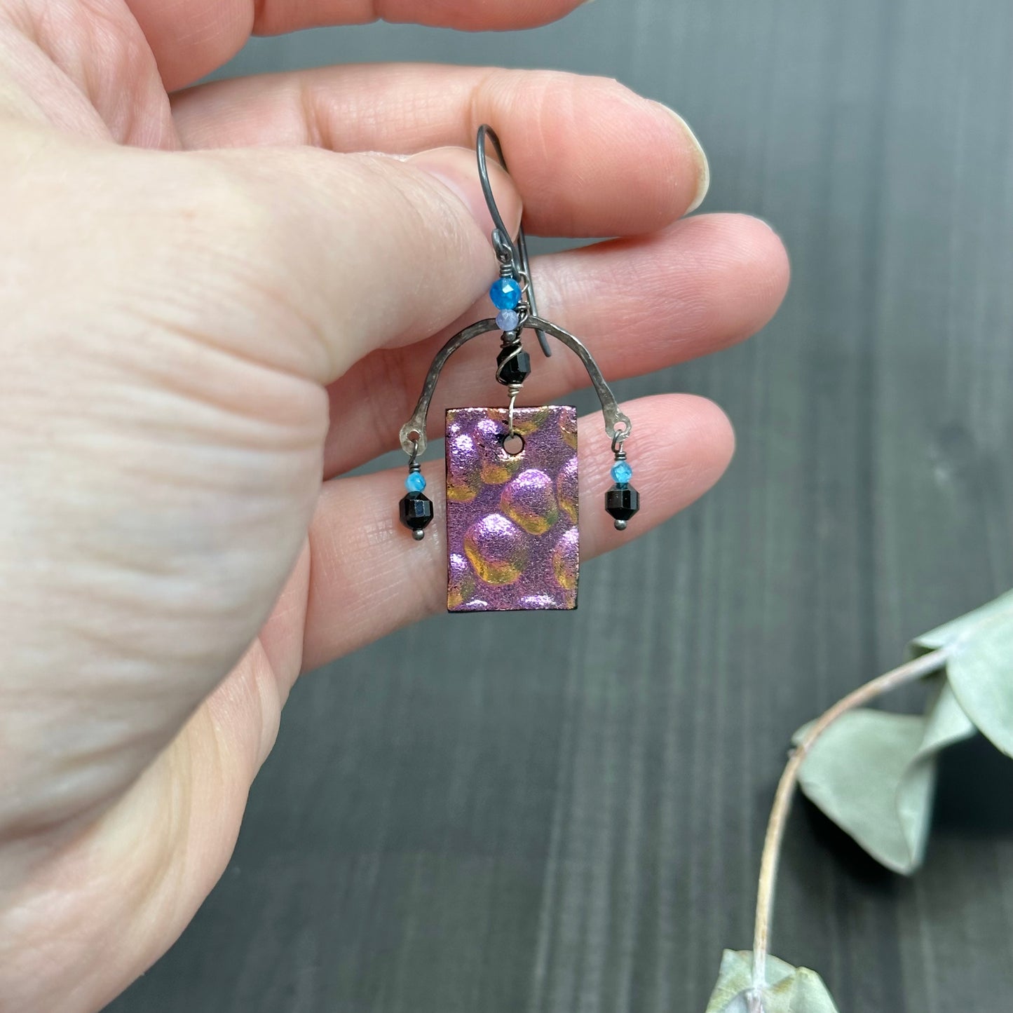 Apatite, Black Spinel, Tanzanite, Sterling Silver and Glass Earrings