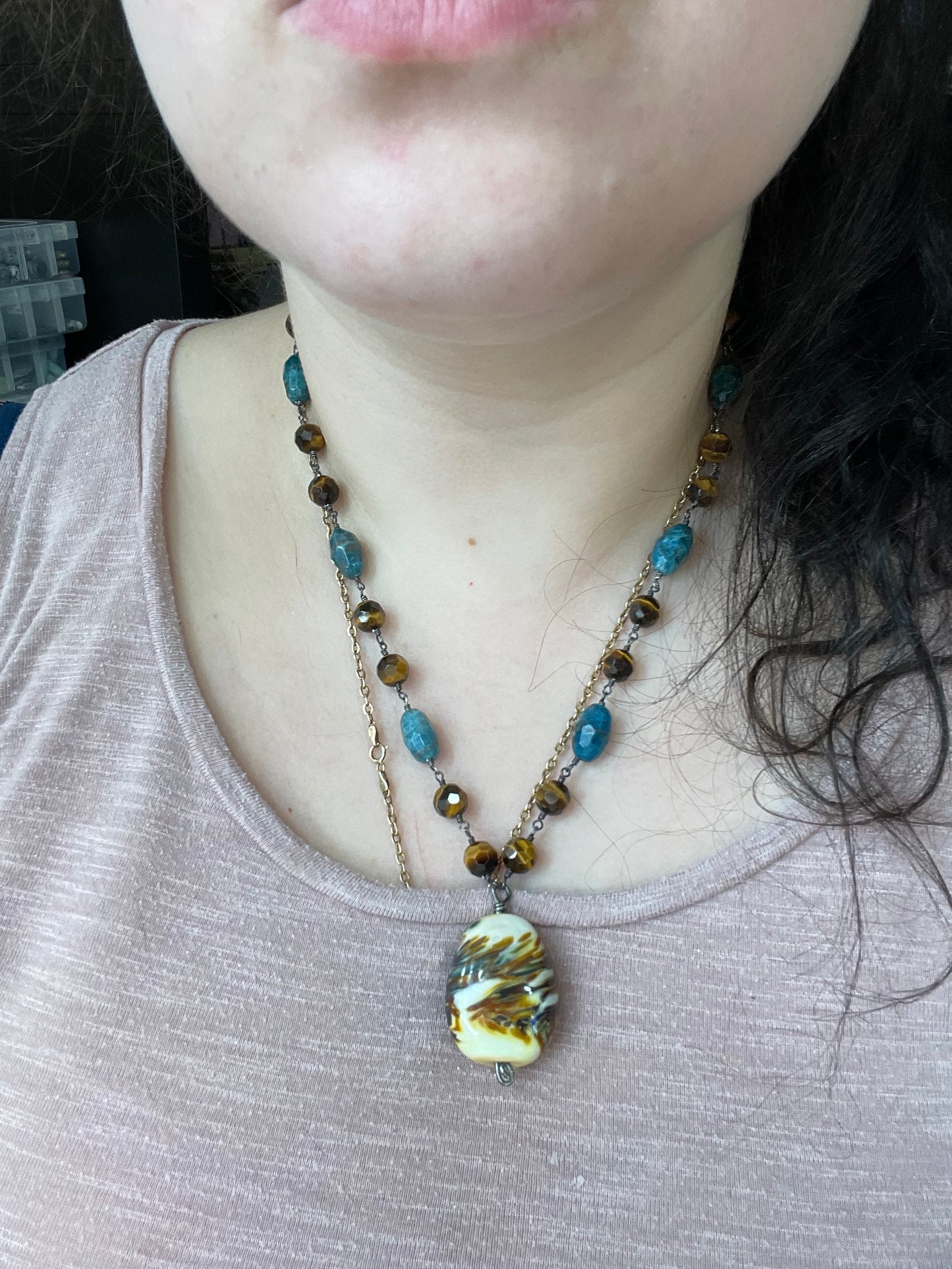 Tiger Eye, Apatite, Artisan Glass, and Sterling Silver Necklace