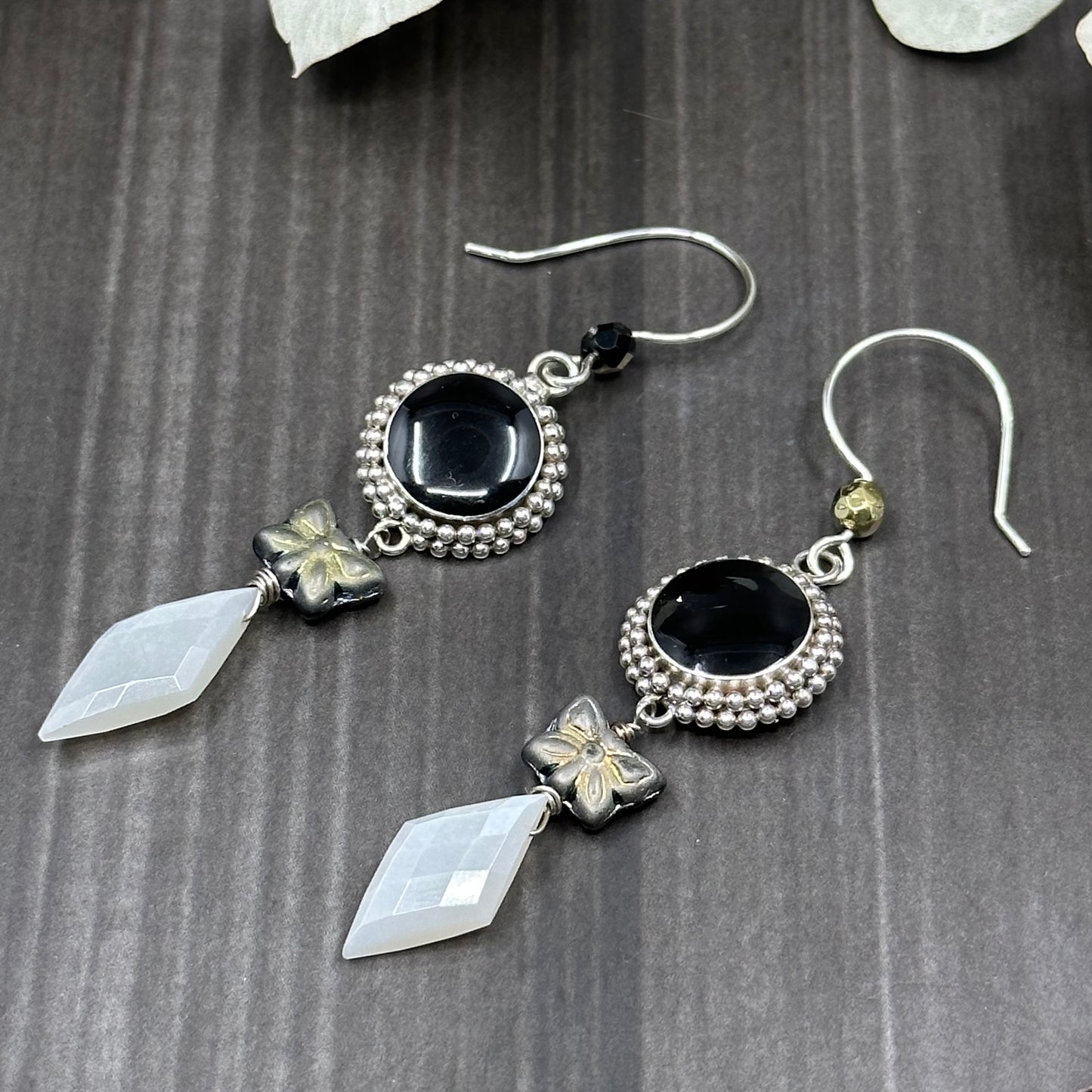 Onyx, czech glass, sterling silver, and moonstone earrings