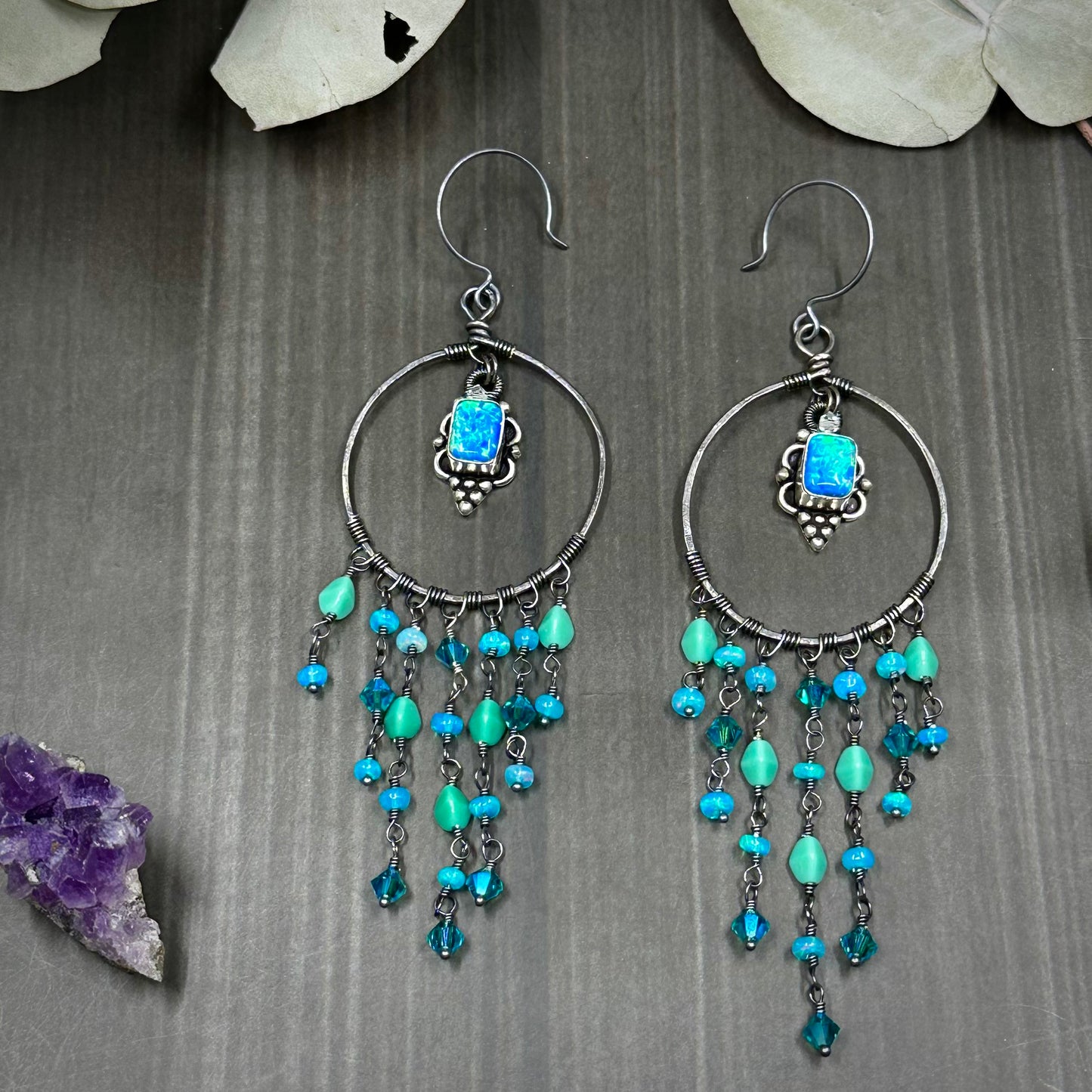 Statement blue opal hoops in Sterling Silver