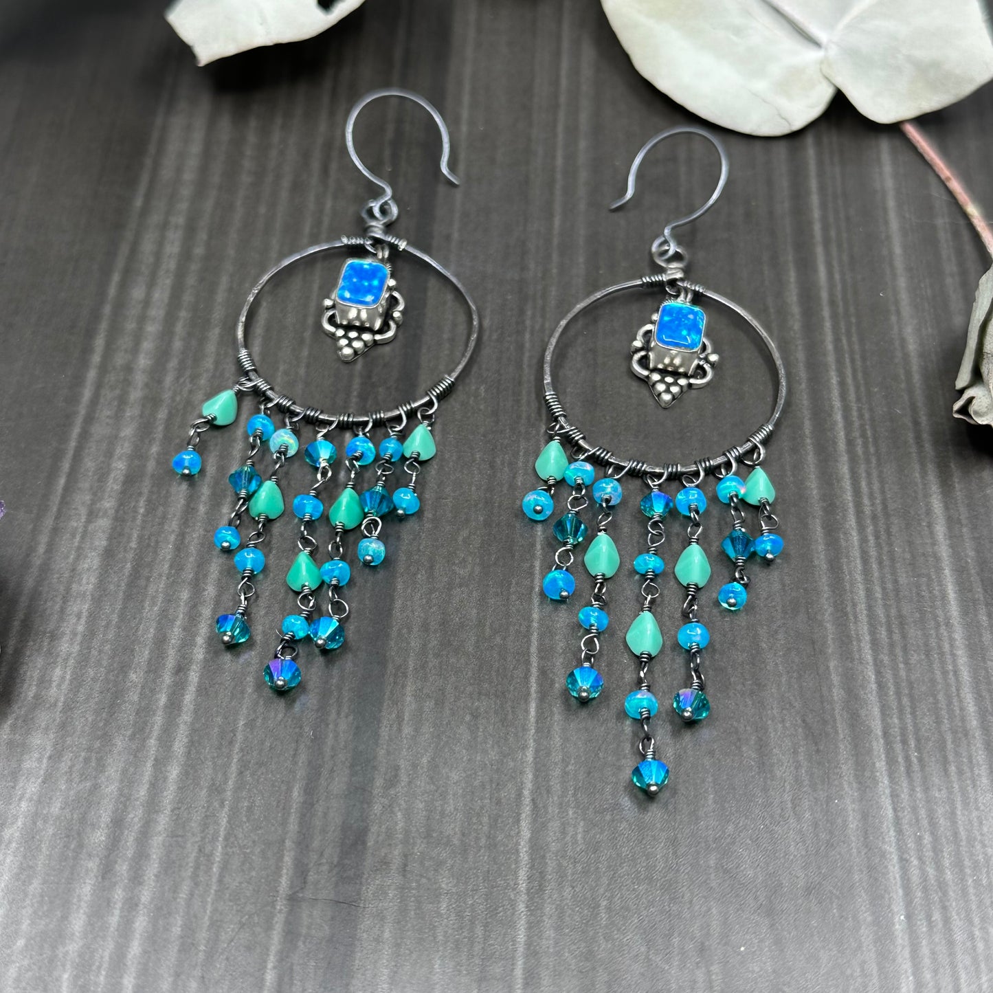 Statement blue opal hoops in Sterling Silver