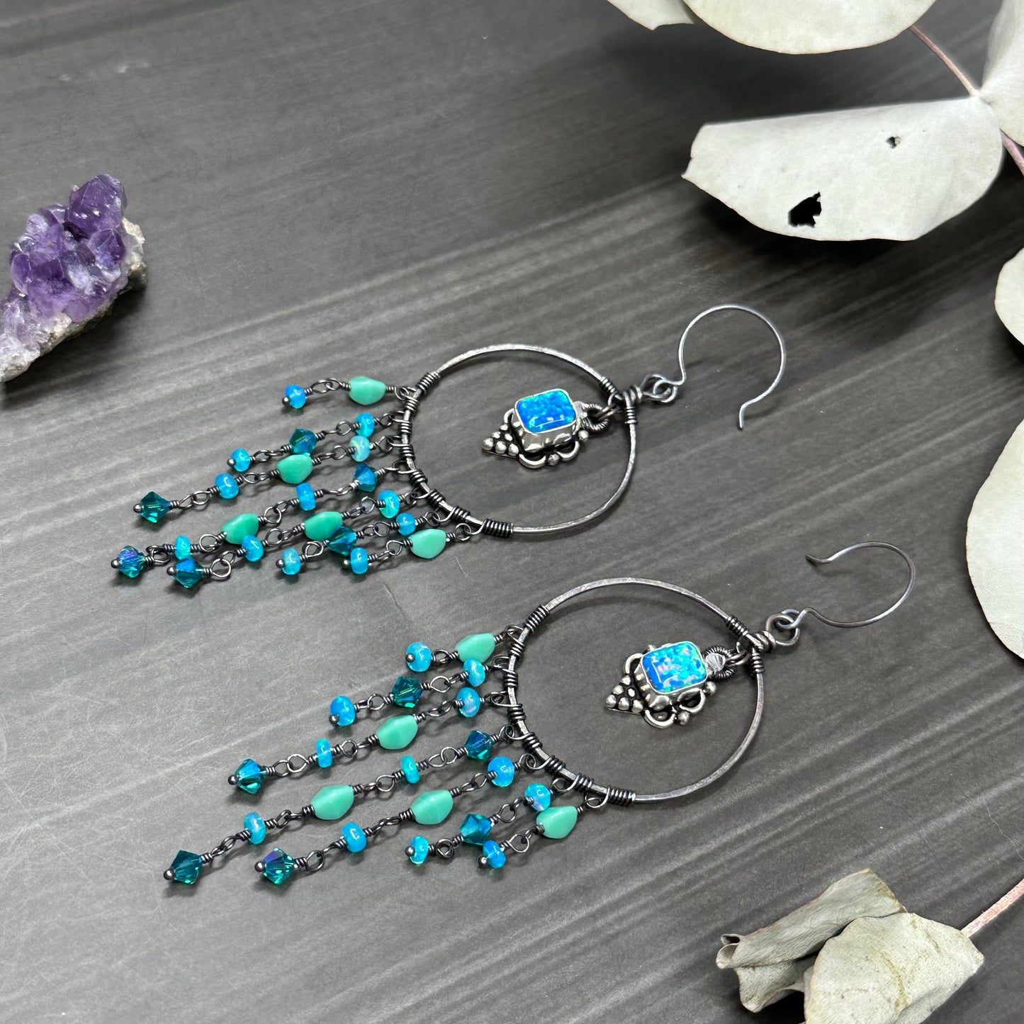 Statement blue opal hoops in Sterling Silver