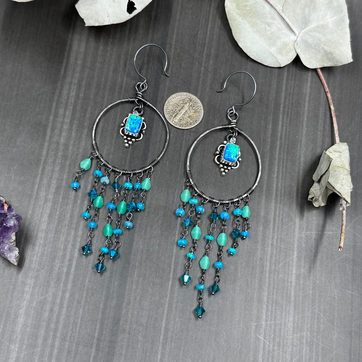 Statement blue opal hoops in Sterling Silver