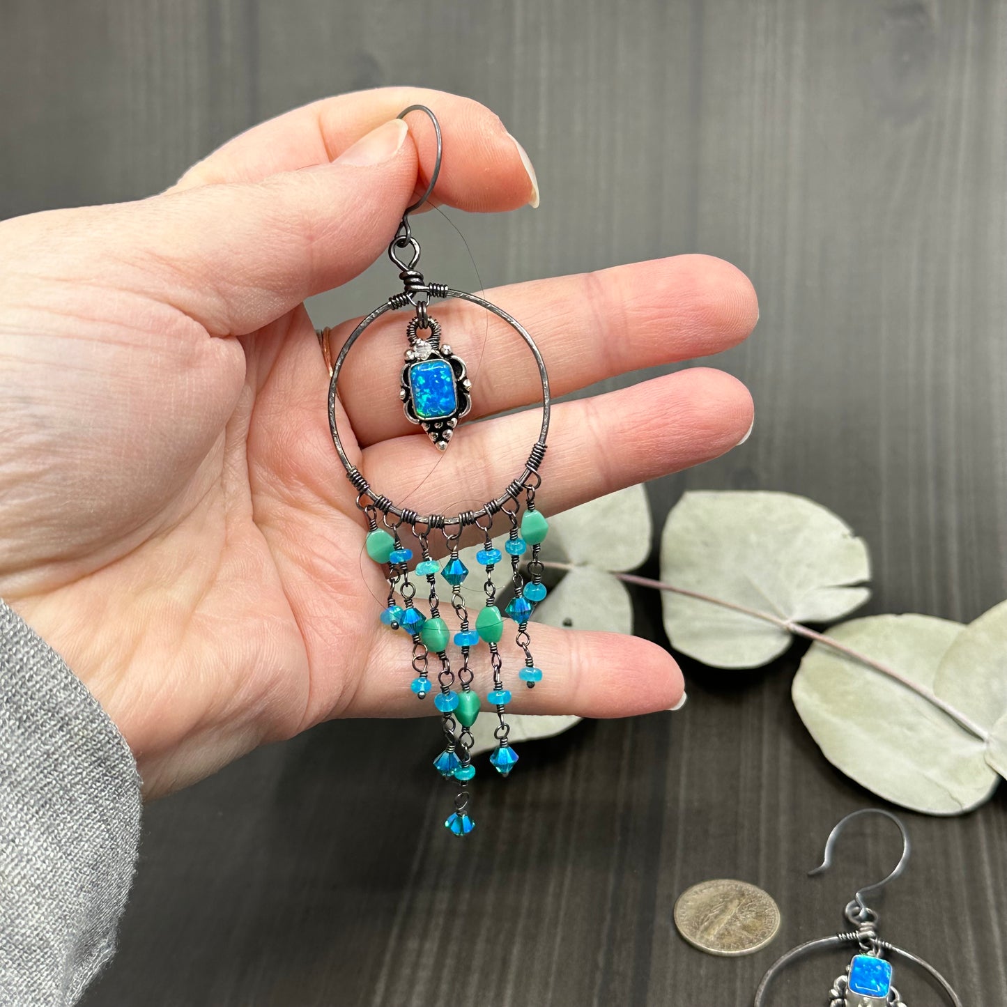 Statement blue opal hoops in Sterling Silver