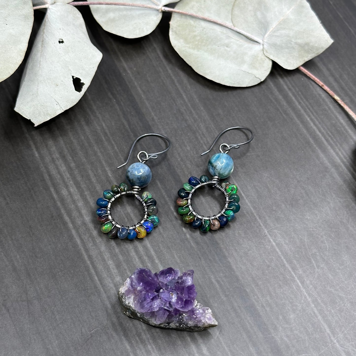 Black opal and Kyanite Sterling Silver Hoop Earrings
