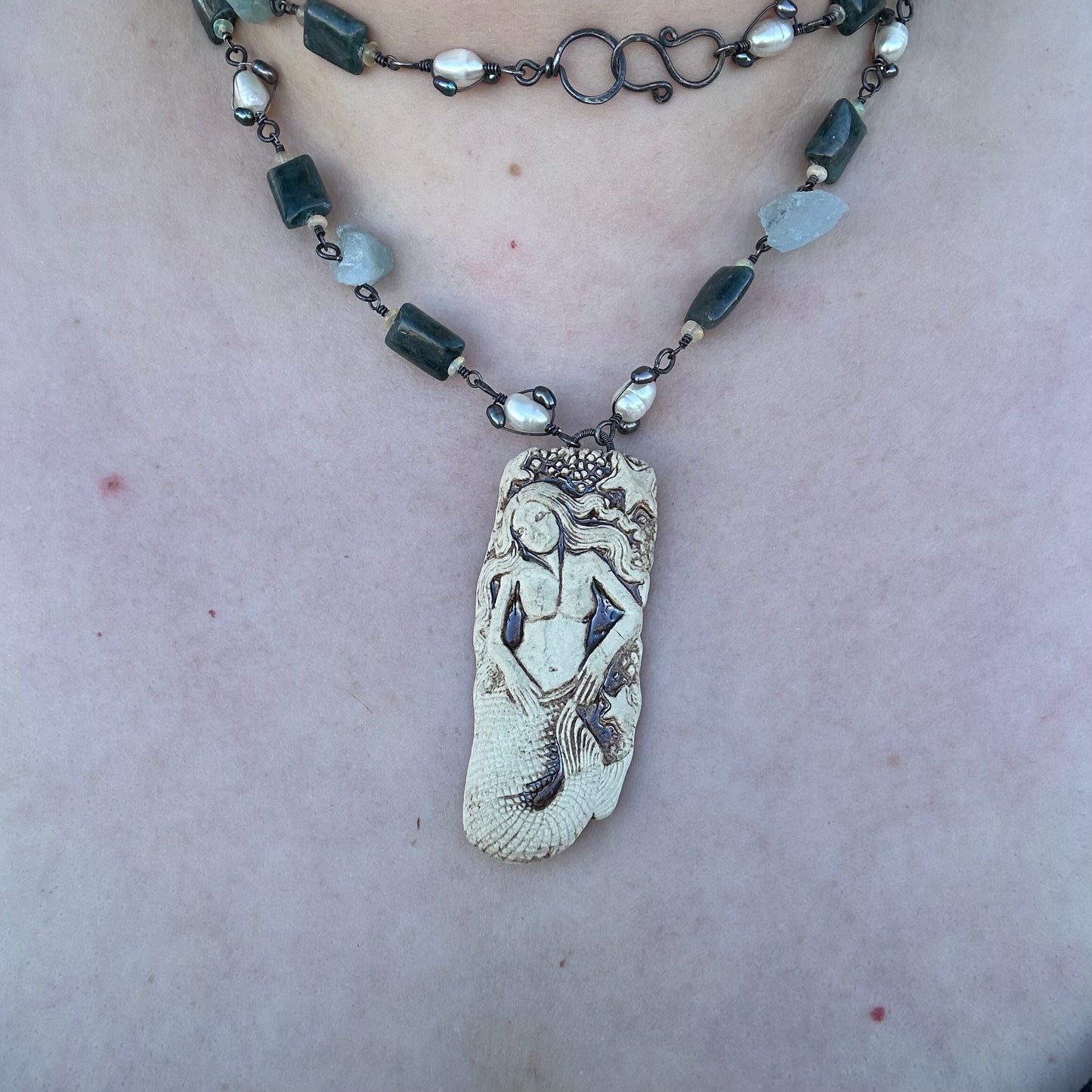 Apatite, Opal, Pearl, Aquamarine, and Ceramic Necklace