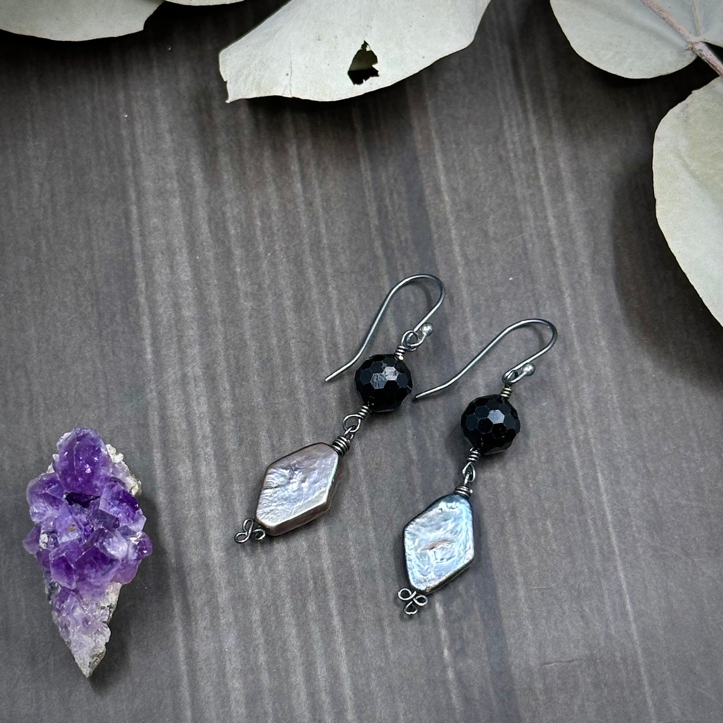 Freshwater pearl and black spinel sterling silver earrings