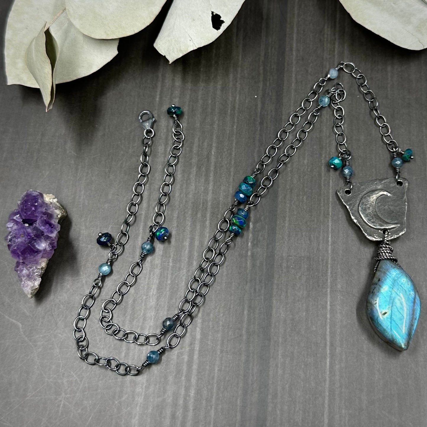 Sterling silver, labradorite, opal, and pewter necklace