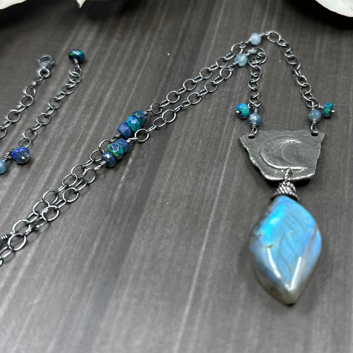 Sterling silver, labradorite, opal, and pewter necklace