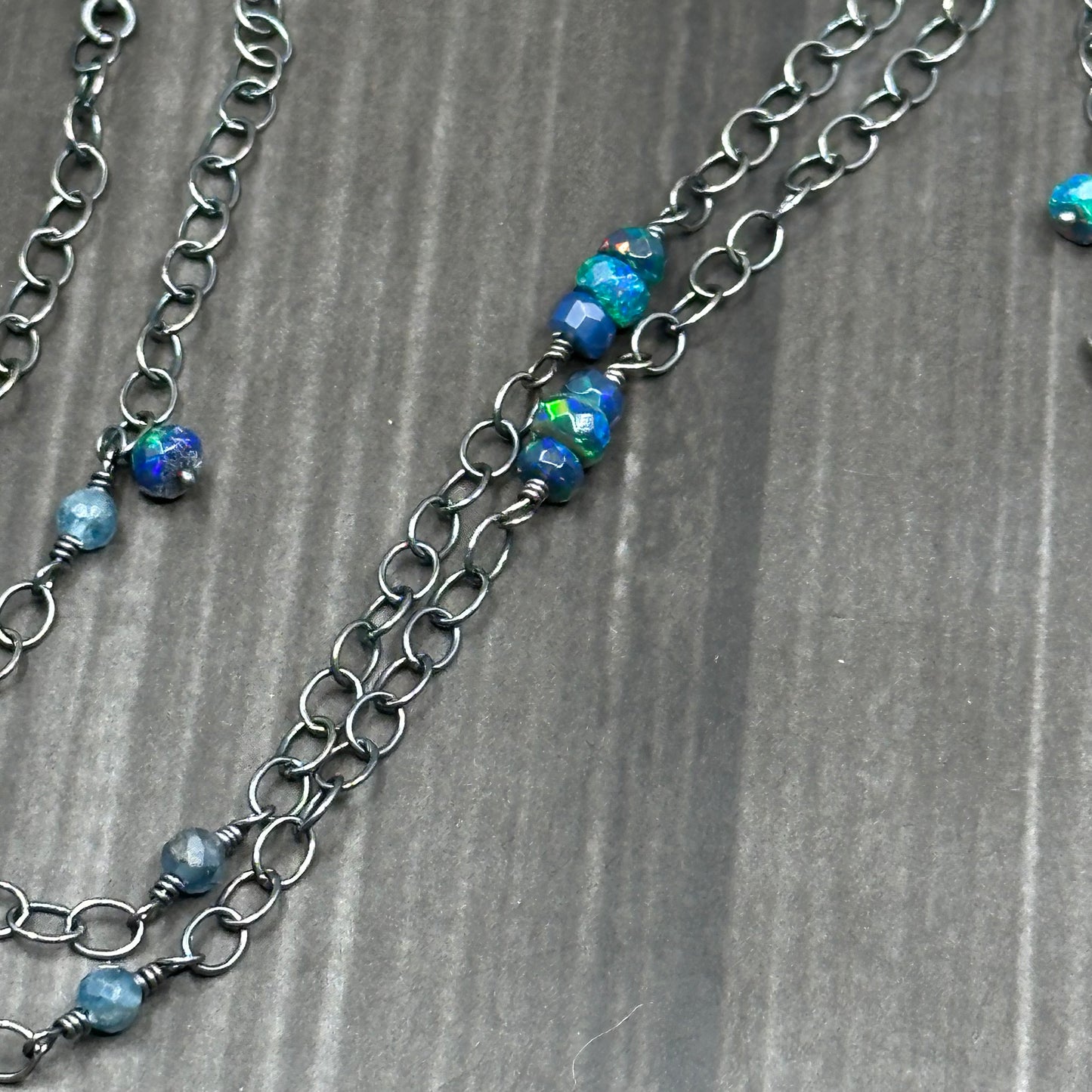 Sterling silver, labradorite, opal, and pewter necklace