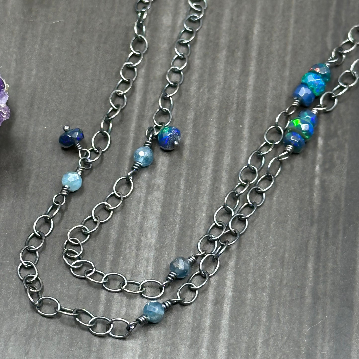 Sterling silver, labradorite, opal, and pewter necklace