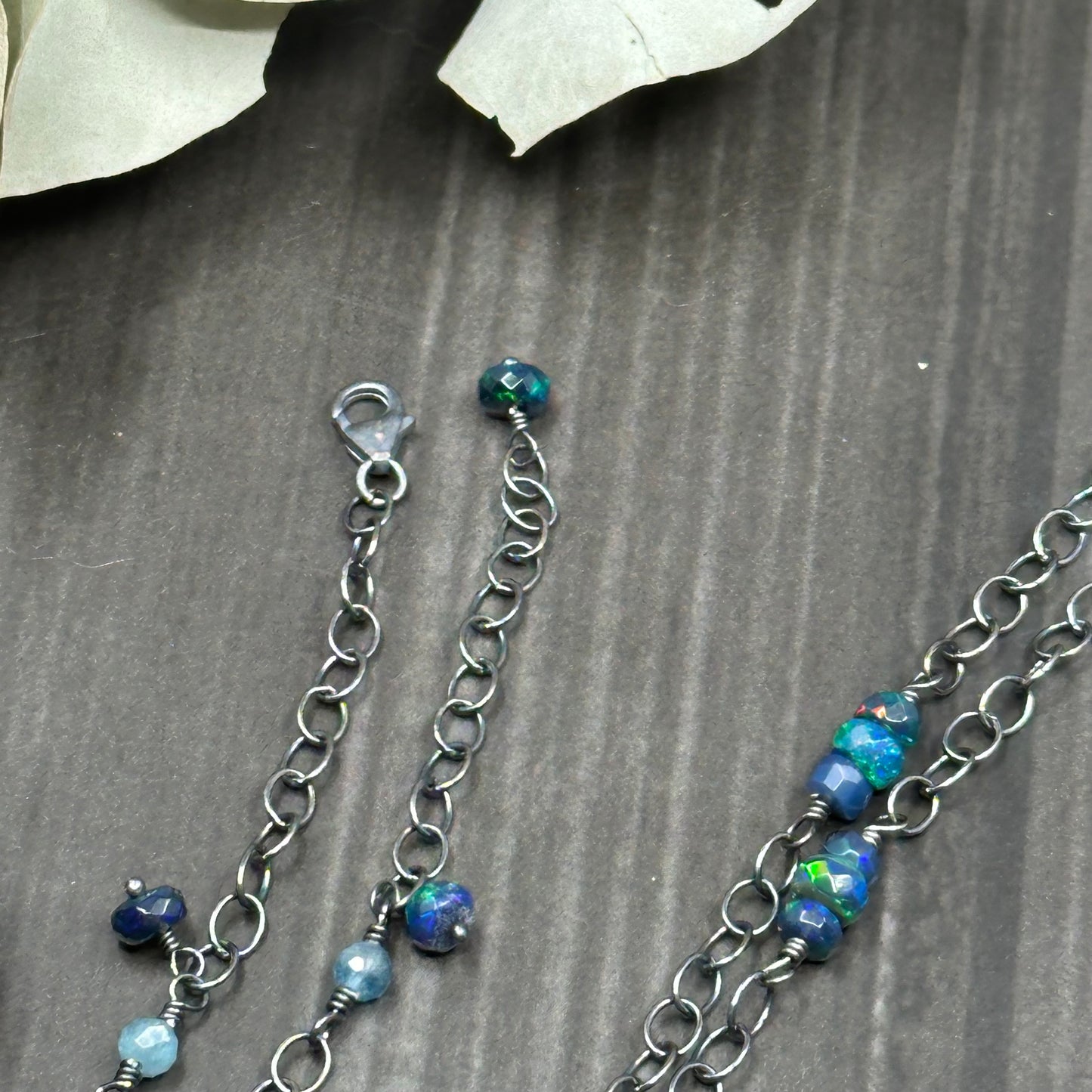 Sterling silver, labradorite, opal, and pewter necklace