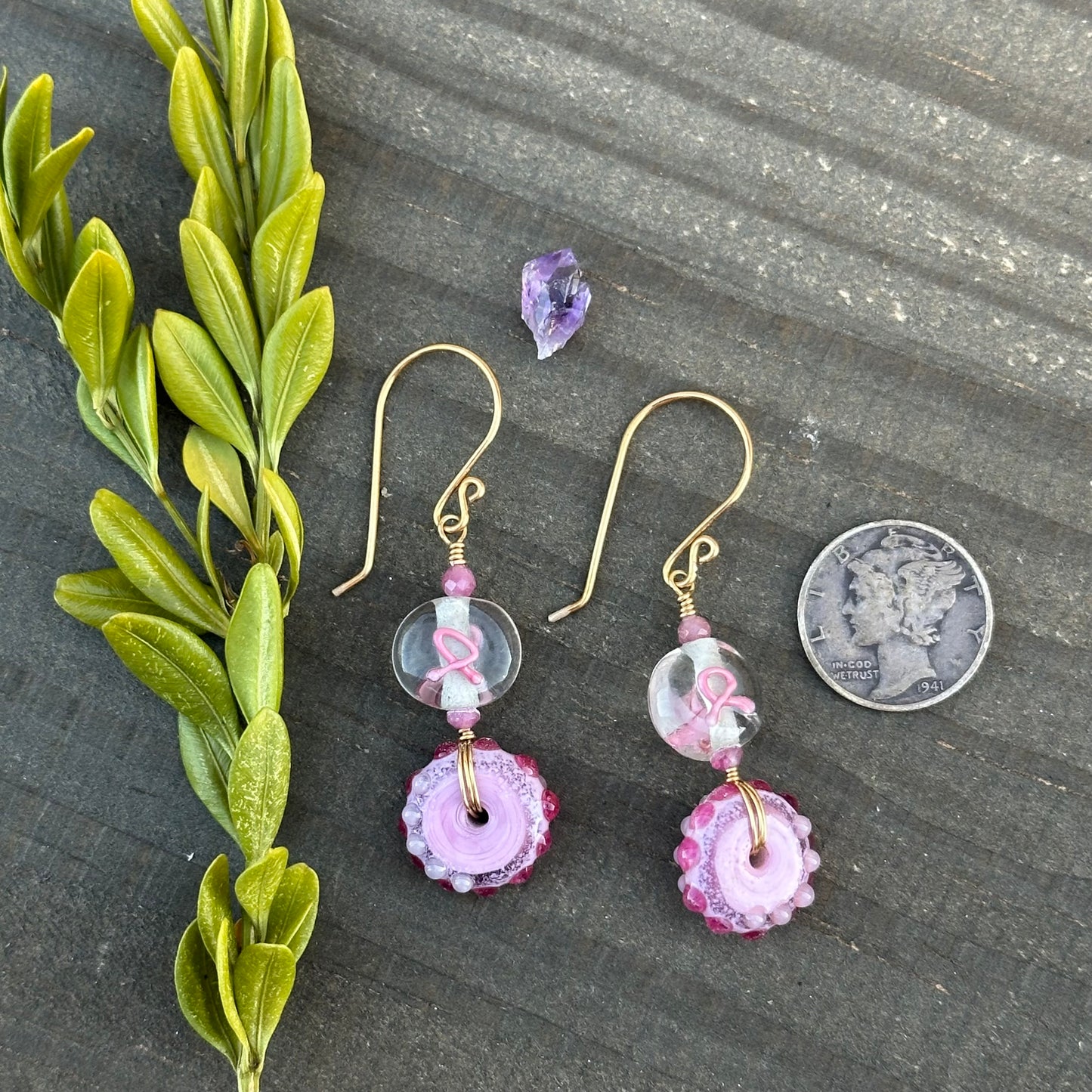 Pink Ribbon Earrings with Artisan Glass, Brass, and Pink Tourmaline