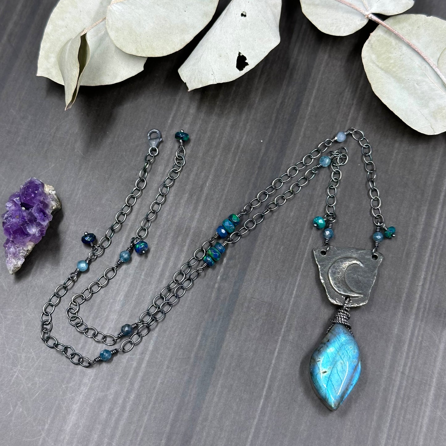 Sterling silver, labradorite, opal, and pewter necklace