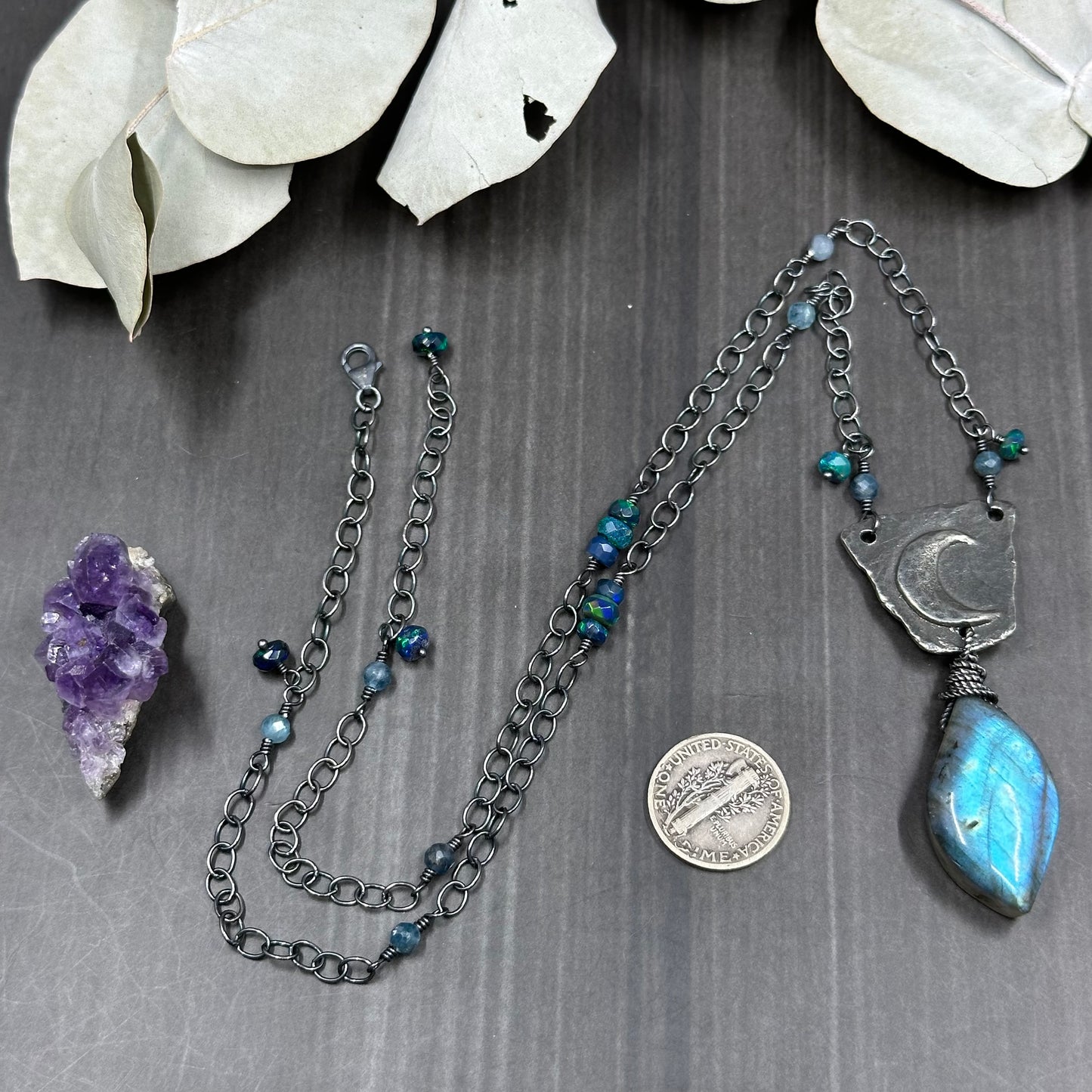 Sterling silver, labradorite, opal, and pewter necklace