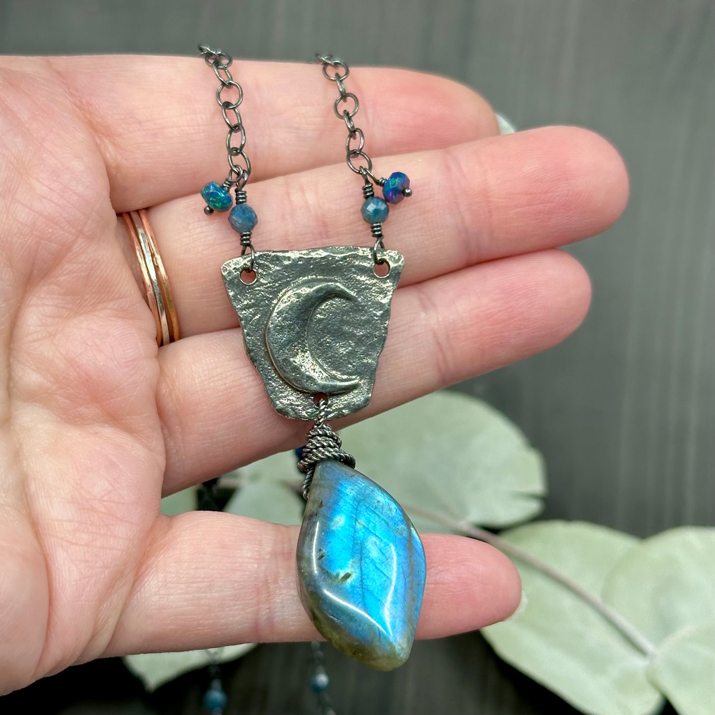 Sterling silver, labradorite, opal, and pewter necklace