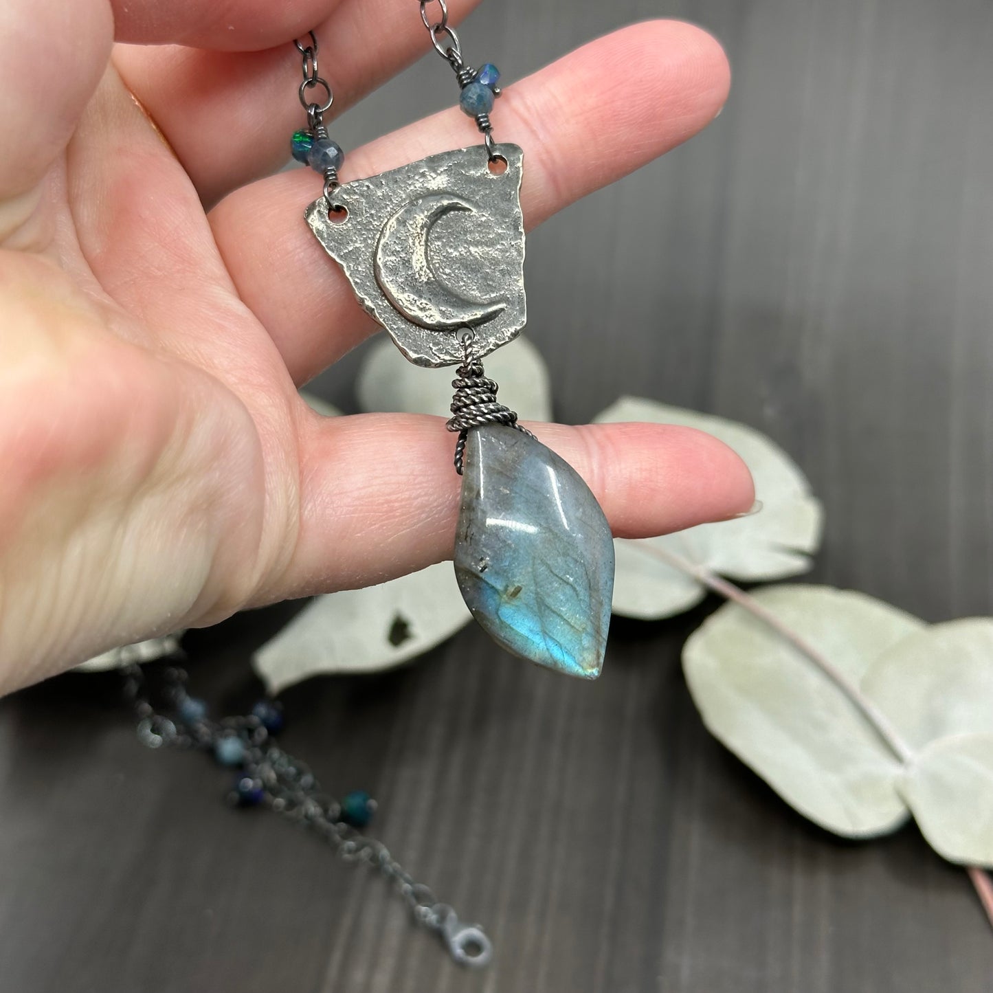 Sterling silver, labradorite, opal, and pewter necklace