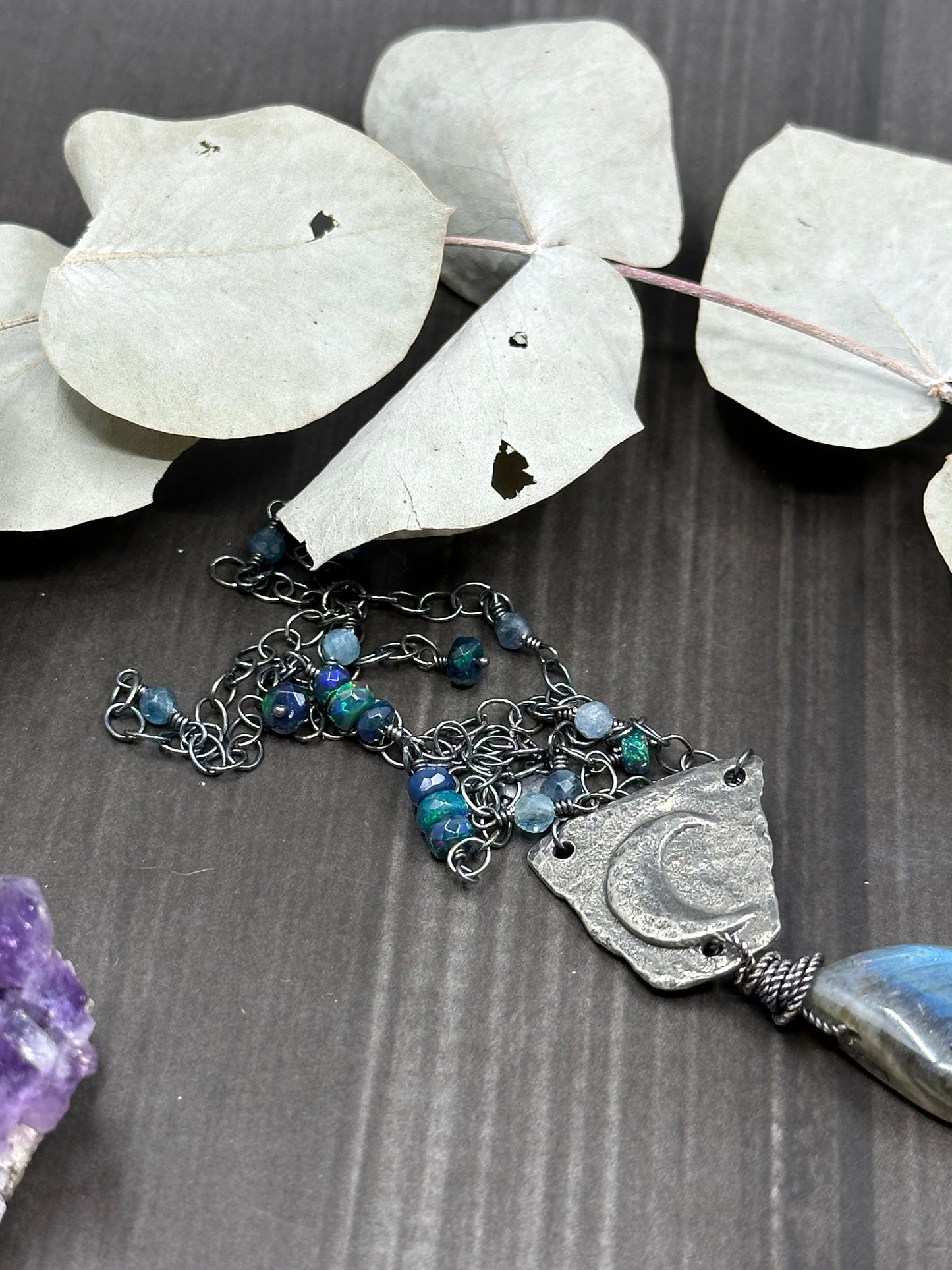 Sterling silver, labradorite, opal, and pewter necklace